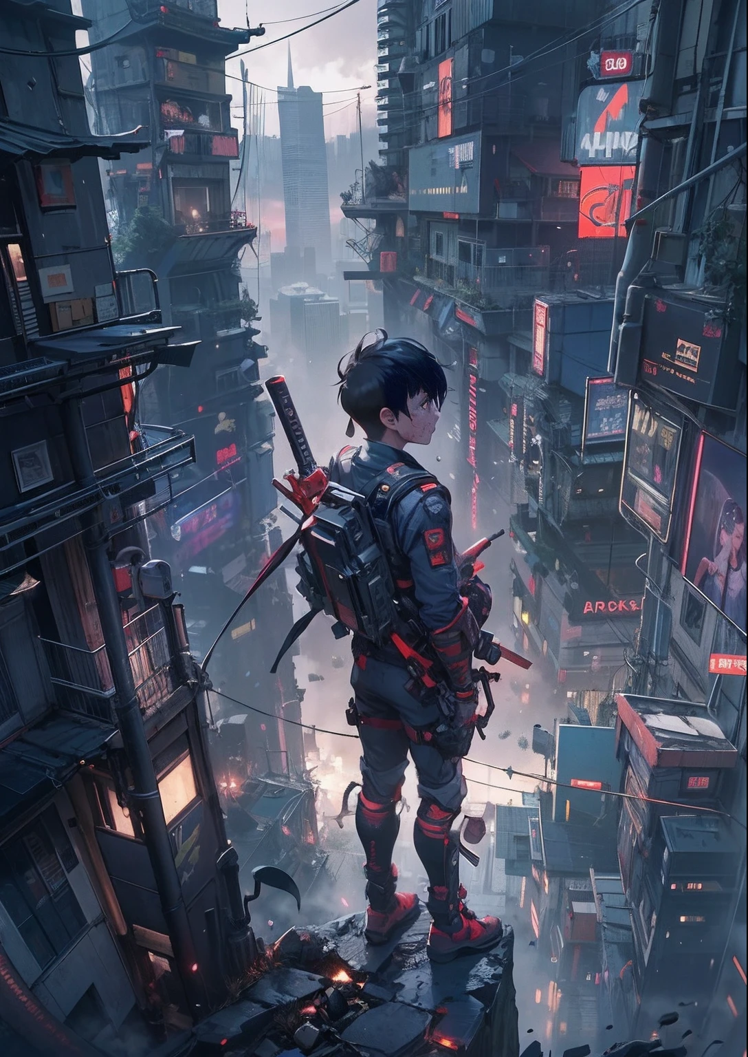 1boy,A -yeld boyberpunk boy、katana swords,Pointy hairstyle、vests、Bloody all over、Composite top view、back Lighting,The beginning of the adventure、Lots of clouds,Heavy fog、midnight,Darkness,The chaotic city of the future、ruined and devastated city、dystopian、A group of very complex skyscrapers stands in the center、Highly sophisticated Chinese skyscraper、Fairly dim lighting、The Dark Road、Puddles、Chaotic landscape、Beautiful and fantastic scenery、cinematic scenery、high high quality、masutepiece,8K、A high resolution、ultra - detailed,