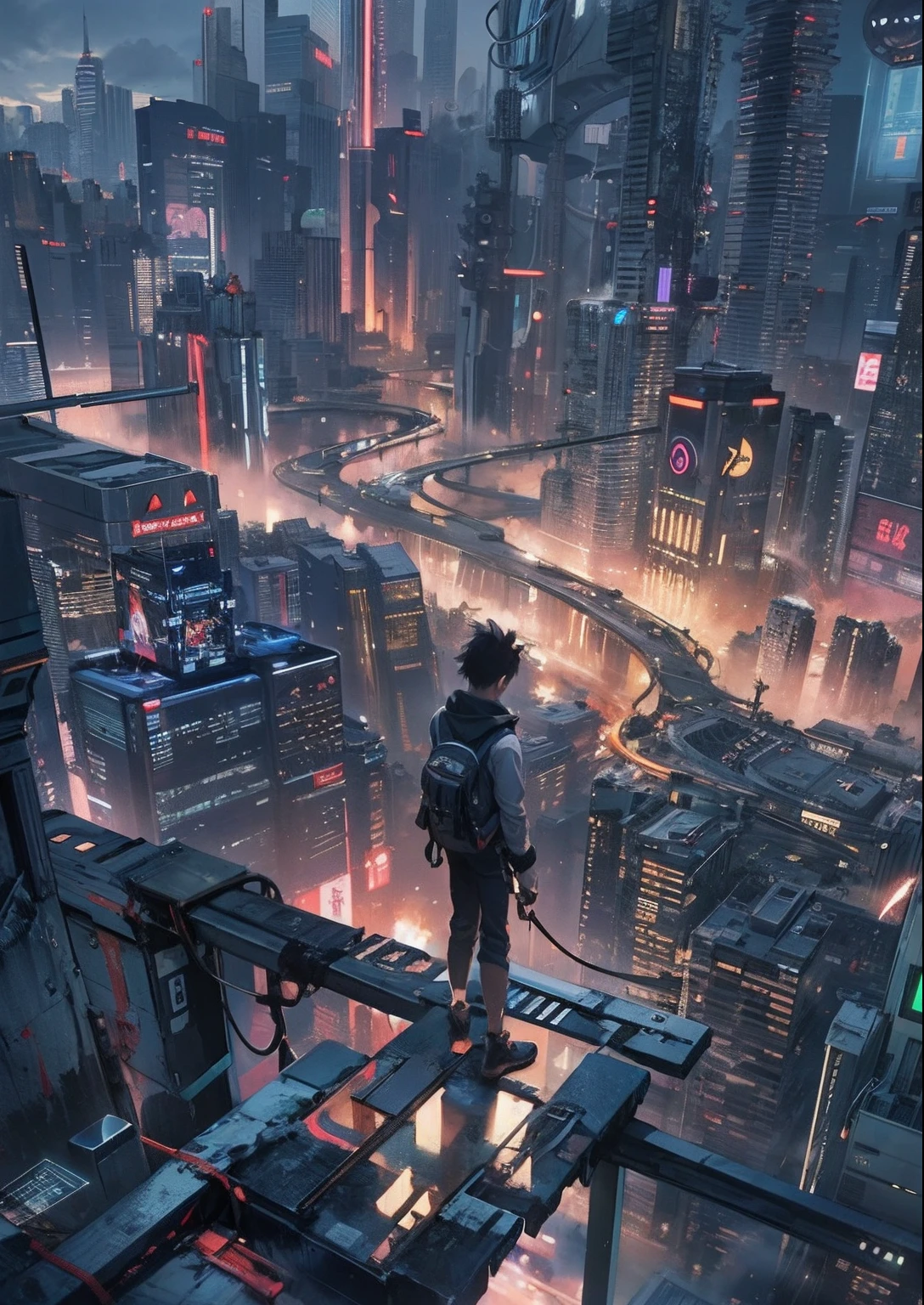 1boy,A 13-year-old boy、Cyberpunk boy、katana swords,Pointy hairstyle、vests、Bloody all over、Composite top view、back Lighting,The beginning of the adventure、Lots of clouds,Heavy fog、midnight,Darkness,The chaotic city of the future、ruined and devastated city、dystopian、A group of very complex skyscrapers stands in the center、Highly sophisticated Chinese skyscraper、Fairly dim lighting、The Dark Road、Puddles、Chaotic landscape、Beautiful and fantastic scenery、cinematic scenery、high high quality、masutepiece,8K、A high resolution、ultra - detailed,