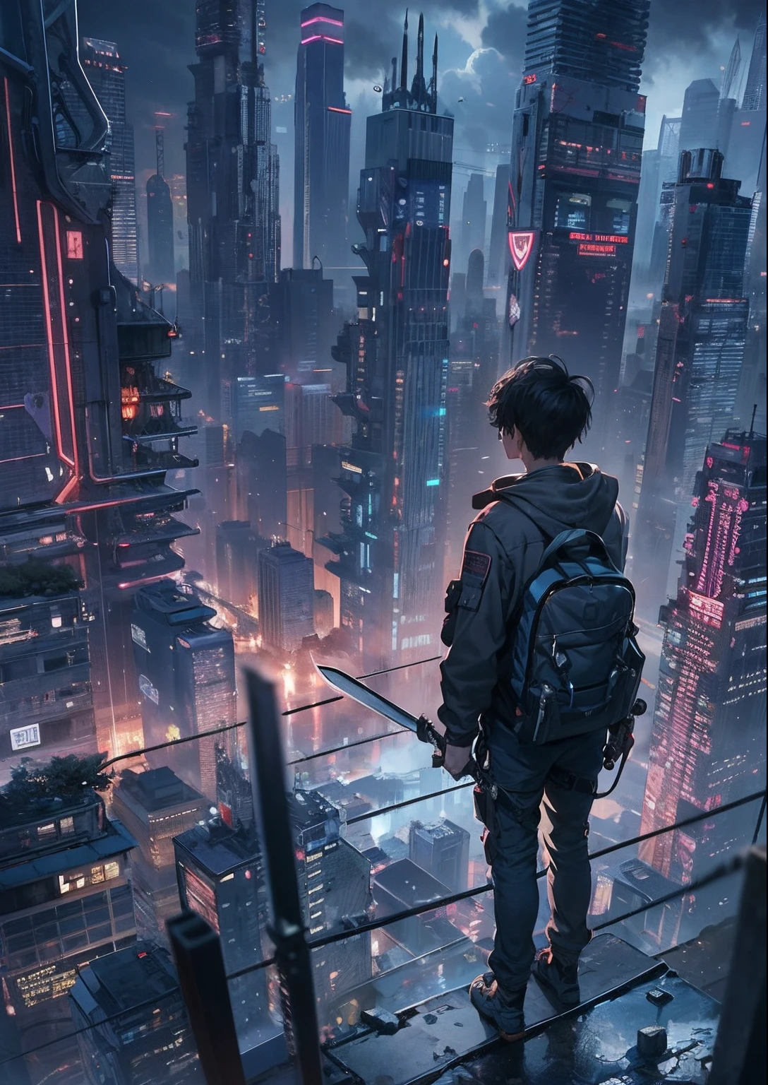 1boy,A 13-year-old boy、Cyberpunk boy、katana swords,Pointy hairstyle、vests、Bloody all over、Composite top view、back Lighting,The beginning of the adventure、Lots of clouds,Heavy fog、midnight,Darkness,The chaotic city of the future、ruined and devastated city、dystopian、A group of very complex skyscrapers stands in the center、Highly sophisticated Chinese skyscraper、Fairly dim lighting、The Dark Road、Puddles、Chaotic landscape、Beautiful and fantastic scenery、cinematic scenery、high high quality、masutepiece,8K、A high resolution、ultra - detailed,
