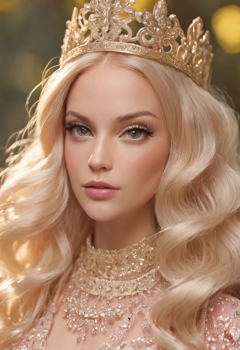 (Barbie pink background)),barbiecore,A princess,((cabellos largos dorados)),Kizi,delicated face,