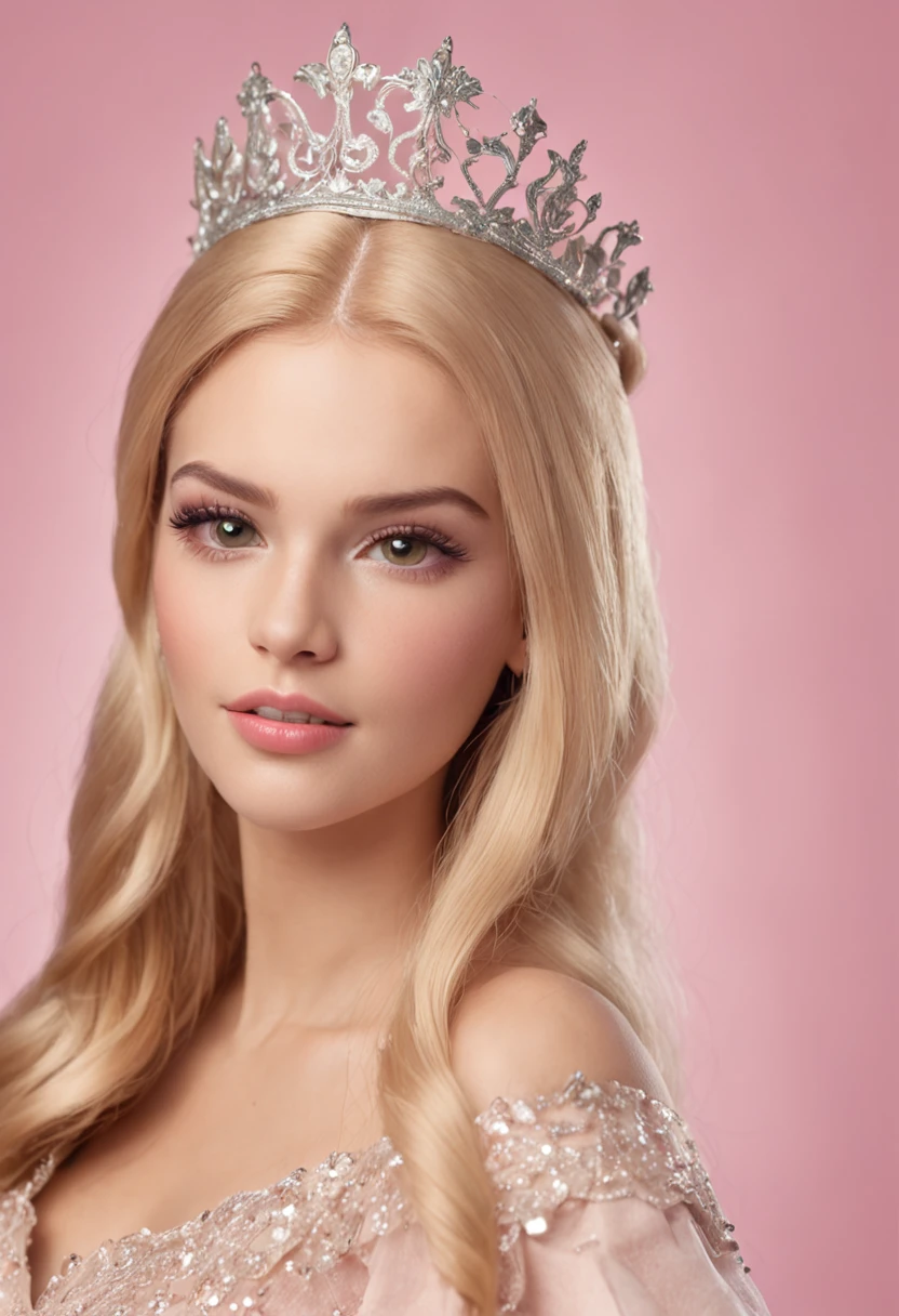 Make an ultra realistic image of actress Margot Robbie in pink dress as Barbie doll, em imagem hiperrealista com cabelos rosas, and wearing on his head a beautiful golden crown, cravejada de diamantes rosas, destacando a beleza e formosura de seus olhos verdes em olhar sexy e postura sensual --auto