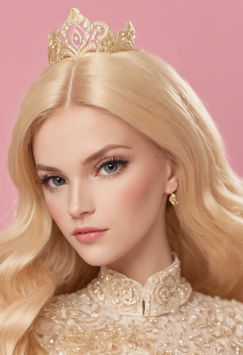 (Barbie pink background)),barbiecore,A princess,((cabellos largos dorados)),Kizi,delicated face,