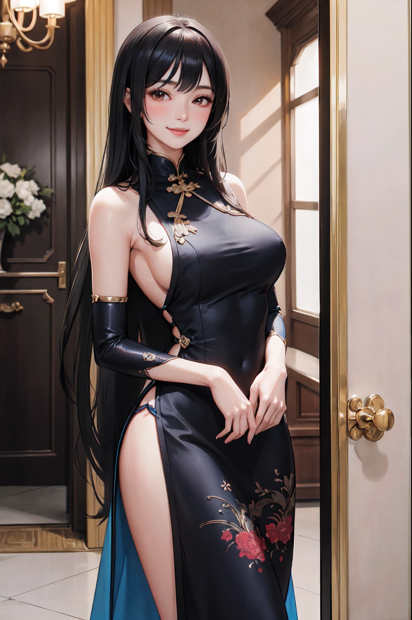 luxury hotel entrance indoors, 1lady solo mature female /(black long hair/) bangs, blue embraided cheongsam, blush kind smile, (masterpiece best quality:1.3) delicate illustration high resolution ultra-detailed perfect face beautiful skin large breast