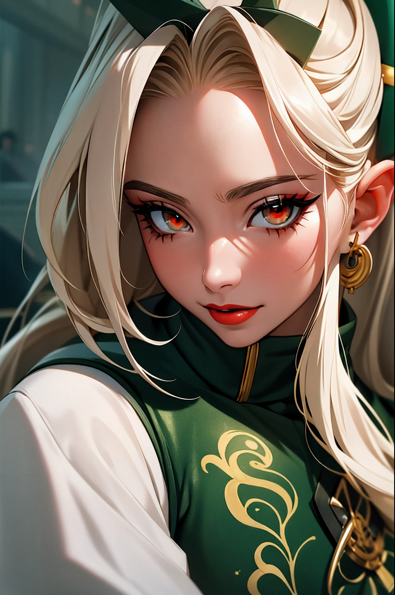 Tsunade，is shy，uma menina，Cabelo loiro，long, whitish hair，com olho castanho，red lips，Batons，bar，sorriso，Ser vermelho no rosto，Casaco Verde，Close-up，beber，CERVEJAS，sentado;，foto retrato，SFW