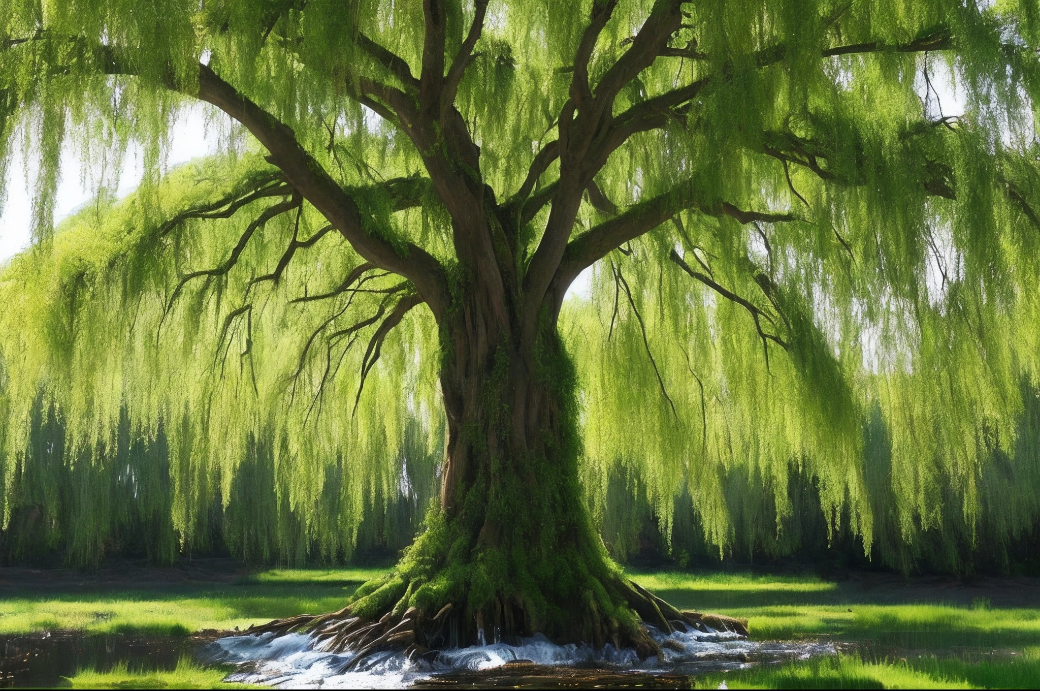 A huge willow tree, its tender green branches are incredibly green, as if they can drip water. The ends of the willow branches become extremely thin, like silk. 8K clarity, with clear details added
