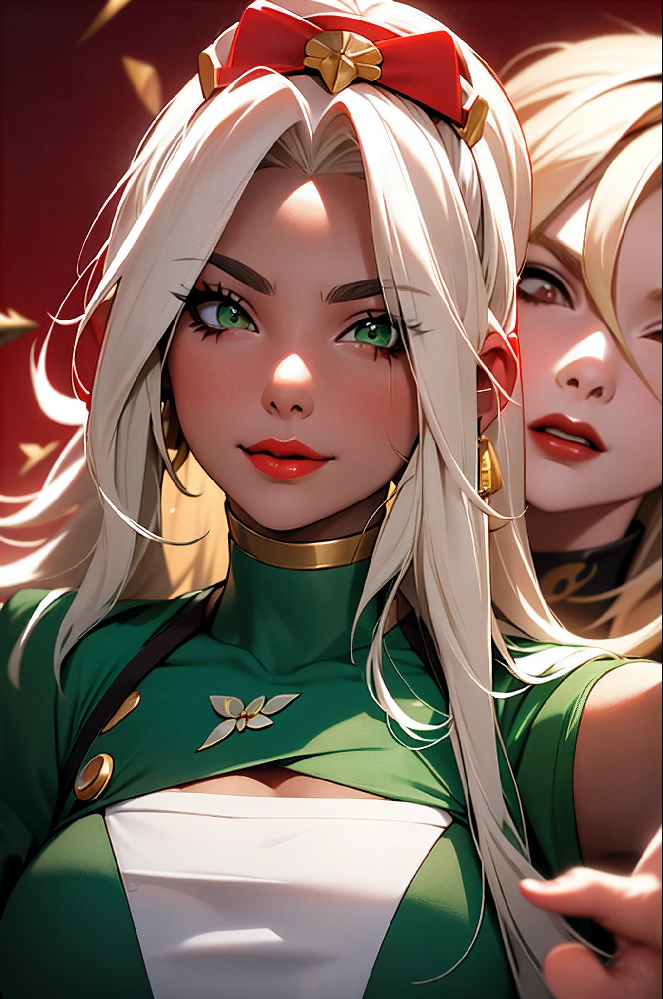 Tsunade，is shy，uma menina，Cabelo loiro，long, whitish hair，com olho castanho，red lips，Batons，bar，sorriso，Ser vermelho no rosto，Casaco Verde，Close-up，beber，CERVEJAS，sentado;，foto retrato，SFW