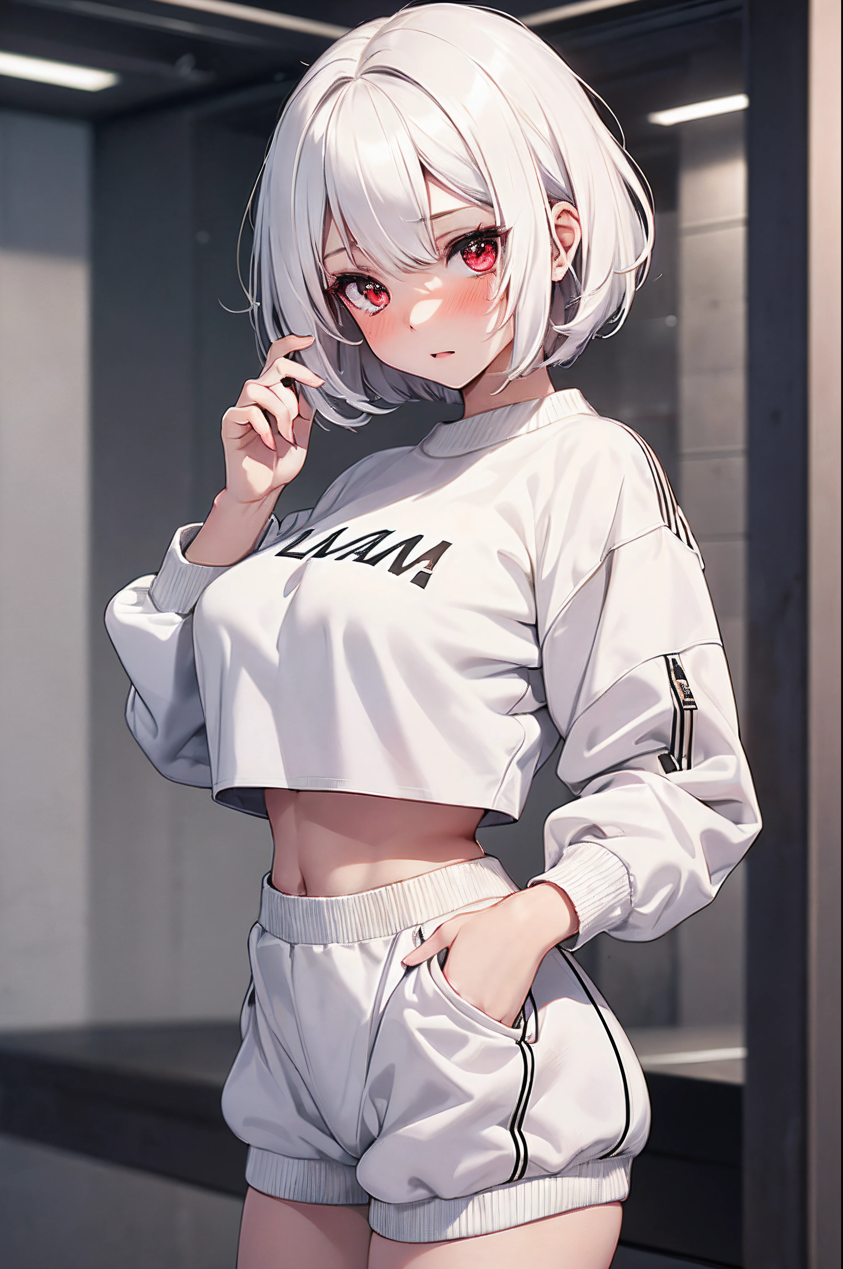 (1 girl), (pale skin, red eyes, white colored hair, Short hair, big ass, medium Breasts, blushed), (((cropped sweatshirt)), lamia girl, white scales), (masterpiece), best quality, expressive eyes, perfect face