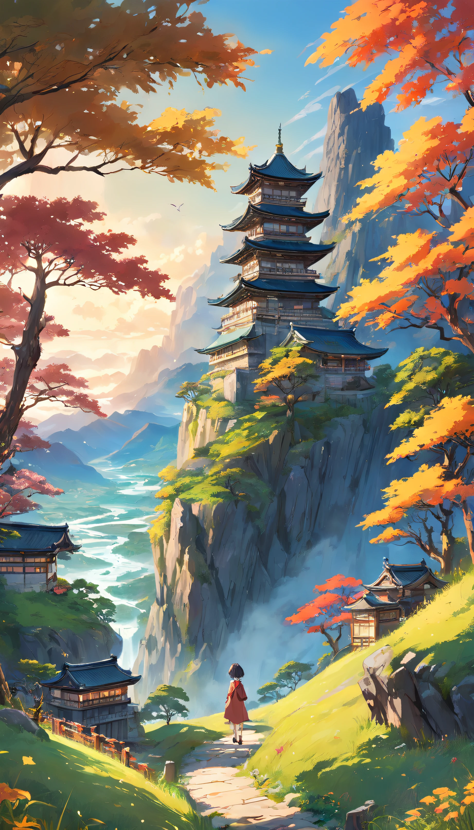 landscape, green hills and one castle, there are road in center, bush on side with yellow color, flower on side, bird, peace, morning vibes, japan vibes (extremely detailed CG unity 8k wallpaper), most beautiful artwork in the world, intricate, High Detail, Sharp focus, dramatic, photorealistic painting art, dreamland