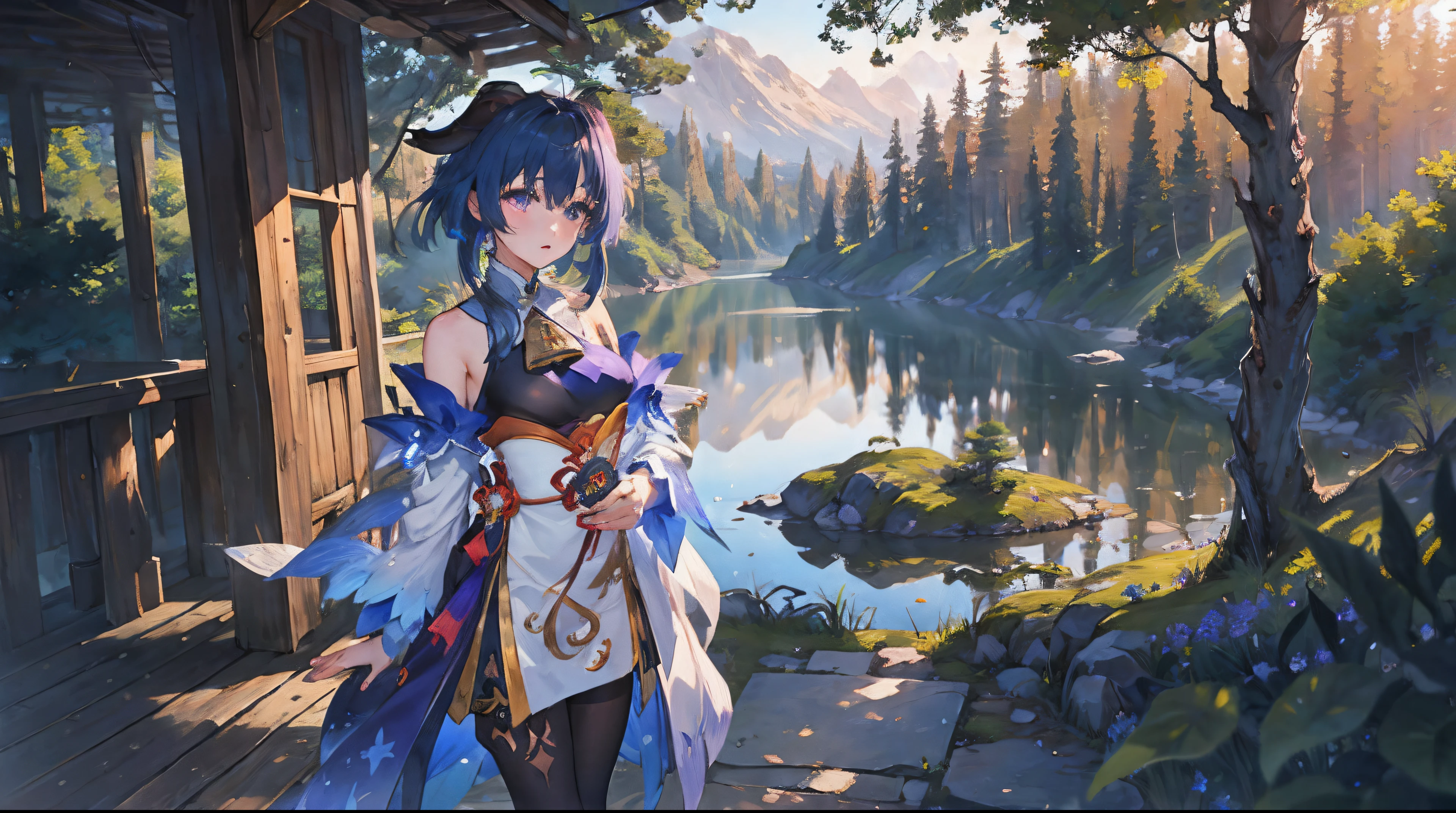 ((1girl, solo)), masterpiece, superlative, portrait, hyperdetail, illustration, close-up, gorgeous background, straight shot, blue hair, purple eyes, (focus on face), looking into the distance, forest, sun, wind, butterfly, studio lighting, horizontal axis, tree, lake, standing, ganyu \(genshin impact), double horn, bare shoulders, tights