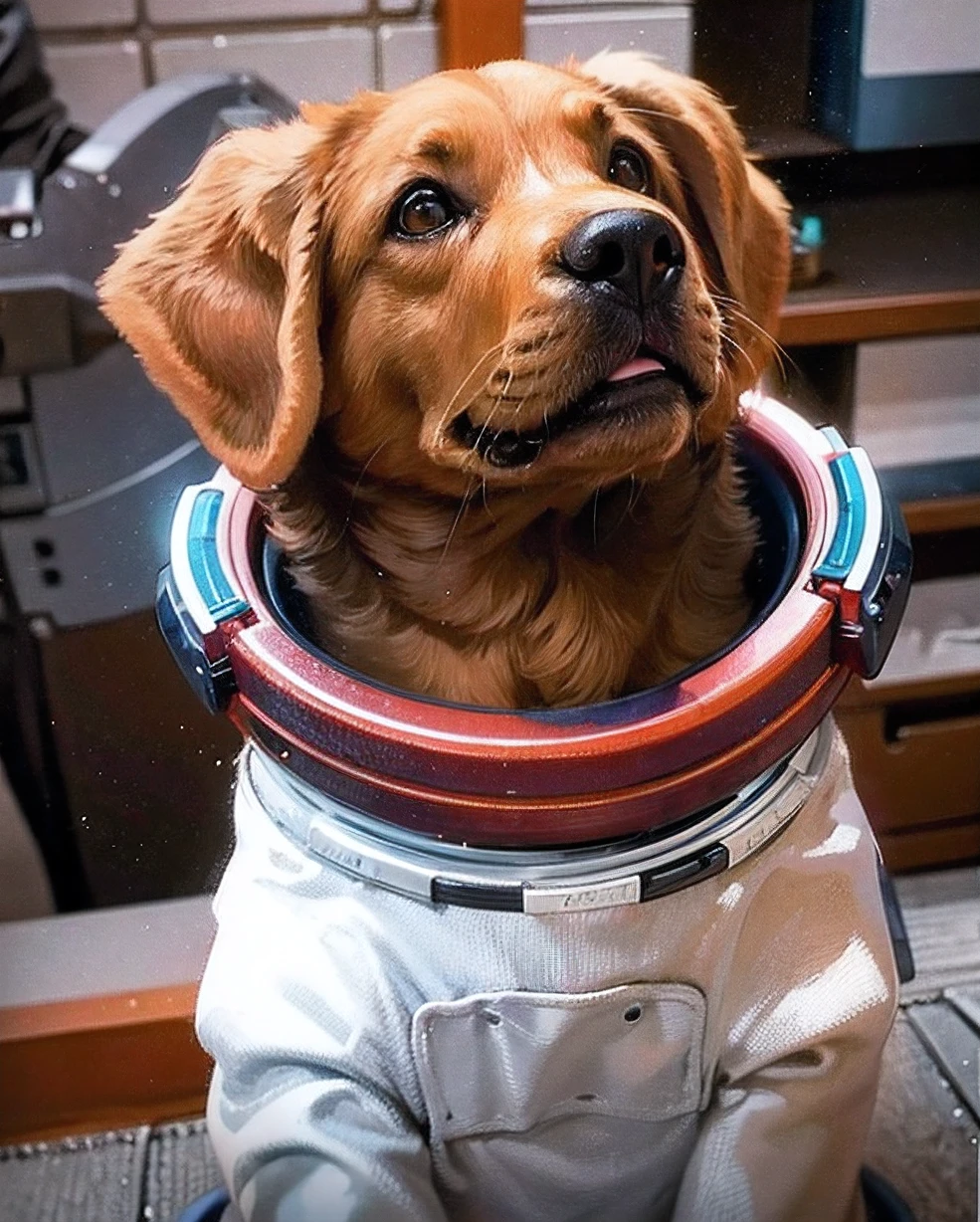 Light chocolate labrador in a space suit, cosmo /(marvel/), blurred background, bright colors, soft contours, radiance,