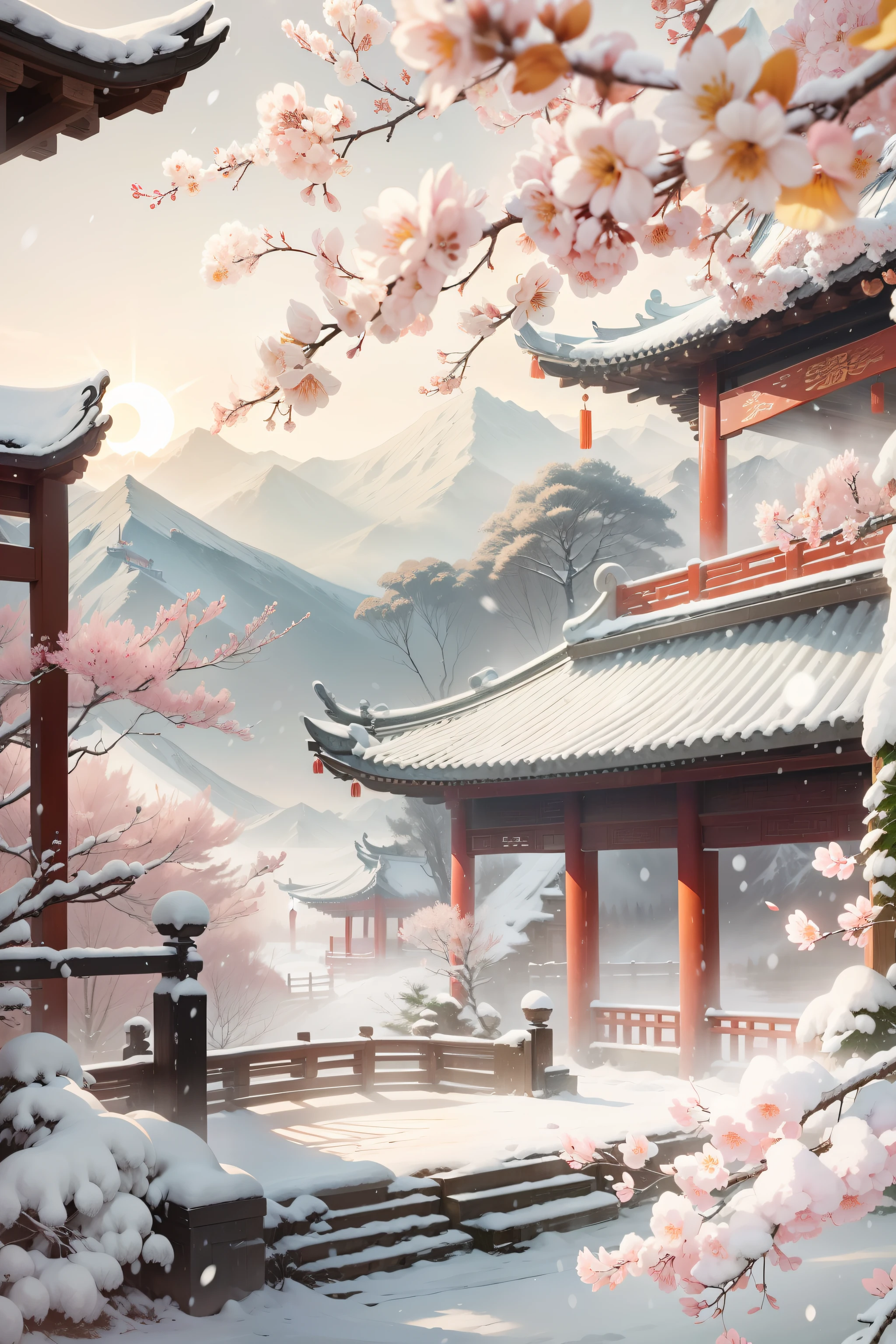 It's snowing in winter, the sun is shining, in an ancient Chinese courtyard, the grade red plum blossoms are opening, there are mountains in the distance, very delicate, light leakage, Chinese ink painting, 8K, --ar 9:12 --niji 5