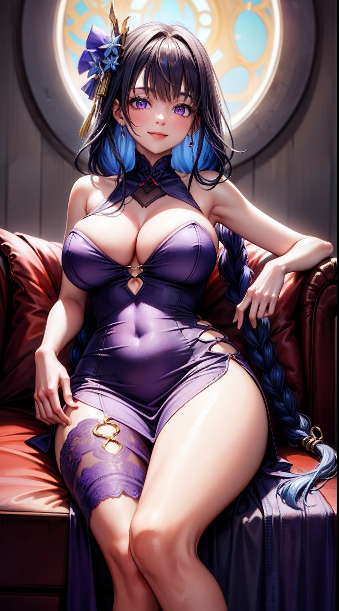 8k, highres, ultra detailed, (masterpiece:1.4), best quality, Perfect fingers, Perfect symmetrical body, (slutty dress:1.4), on the sofa , cute, solo, long braided hair, purple hair, purple eyes, glow effect, finely eye, wide smile, detailed face, looking at viewer, smilling at viewer, saloon, angled view, huge breasts, voluptous