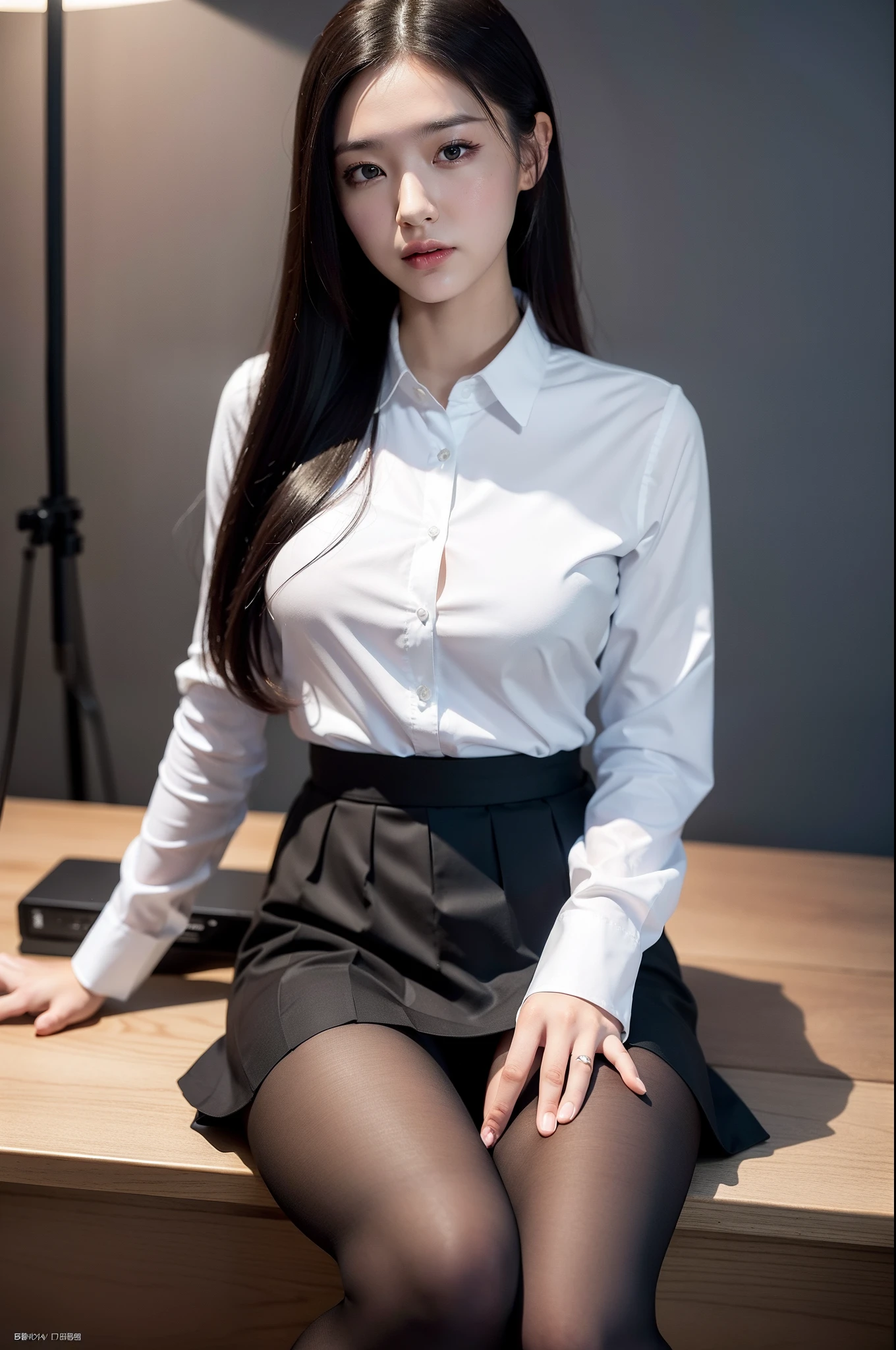 face is :9,1870450717], Elegant Female Teacher, Skirt and thighs、27yo、stature　162cm、Pose in a tight skirt and shirt, japanaese girl, Neat and clean Japan woman, goddess of Japan, sitting at the desk、thighhighs and skirt, a miniskirt, transparent gray skirts, Beautiful short skirt, tight outfit, beautiful angle, Pencil miniskirt, Miniskirt, waist - shot, pantyhose tights, long thin legs, Short skirt, (Wearing pantyhose、Realistic Pantyhose)、ripped pantyhose、Raw photo, (in 8K、top-quality、​masterpiece:1.2)、(intricate detailes:1.4)、(Photorealsitic:1.4)、octane renderings、Complex 3D rendering ultra detail, studio lights, Rim Lights, vibrant detail, super detailing, realistic skin textures, Detail Face, Beautiful detail eyes, Very detailed CG Unity 16k wallpaper, make - up, (detailedbackground:1.2),　shinny skin、turned around、Exposed thighs!!!、