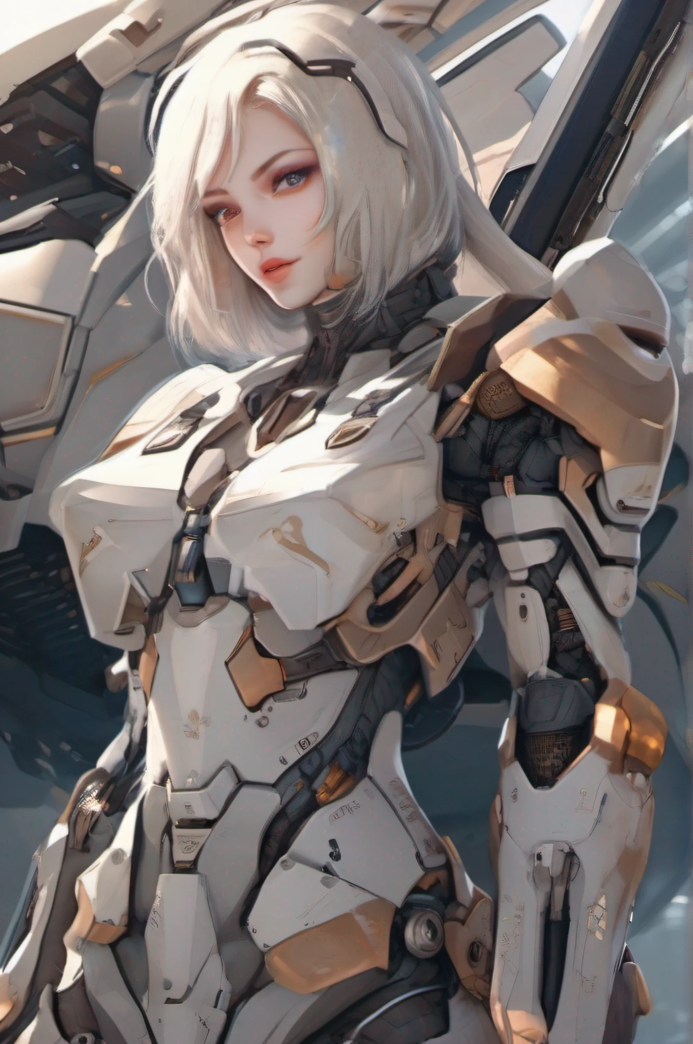 Close-up of a person in a suit holding a sword, female mech, raiden metal gear, ferra white mecha, Girl in Mecha Cyber Armor, high quality digital concept art, epic sci-fi character art, epic sci-fi character art, mechanized valkyrie girl, Air and Mecha theme, Anime Mecha Aesthetics