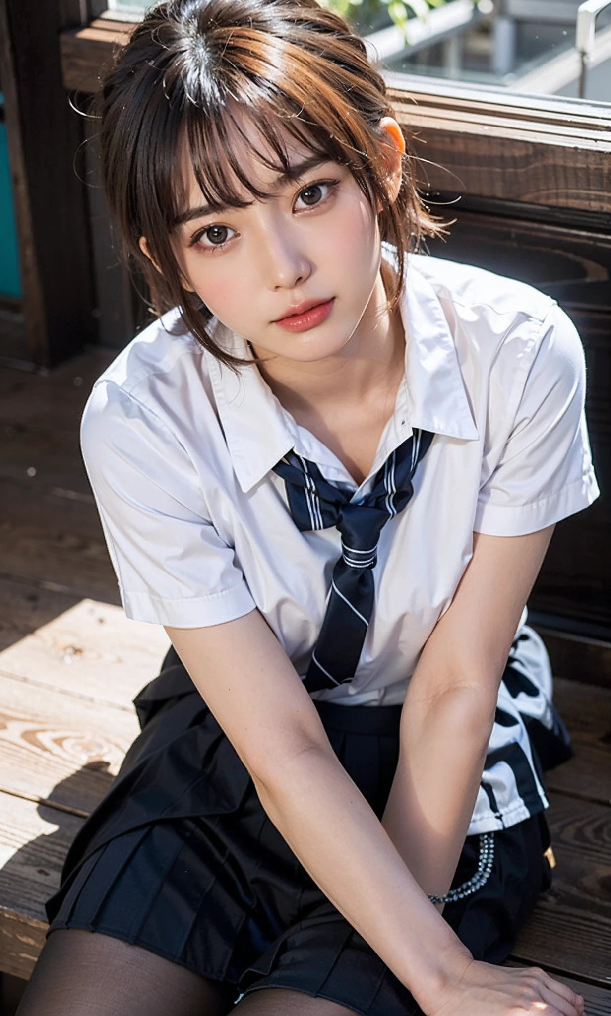ULZZANG-6500-v1.1, (RAW PHOTO:1.2), (photot-REALISTIC,:1.4), ((Take a picture with the camera from above、Looking up、staring at camera、Gazing from above with a camera、Take a photo from the top direction))beautiful detailed girls, highly detailed eyes and faces, Beautiful Detailed Eyes, s ridiculous, unbelievably ridiculous, Huge File Size, Super Detailed, Highres, very detail, sthe highest qualit, Master peace、, Kemomimi, ((Japanes girl' high school uniform)), An illustration, very detail, ltso, unification, 8k壁紙, Splendid, Fine details, Master peace、, sthe highest qualit, very detailなltsoユニフォーム8k壁紙, Light on the face、Movie lighting、18歳の女の子、((witheout panties))、((dynamic posing)))、(camel toes)、(Half)、(pantyhose、、、、、、)、(Sitting on legs bending the knees))、short haired、ple short hair、long neck、Put your ears out、bangs、bigger eyes、Lashes、a Pretty、Very cute big breasts