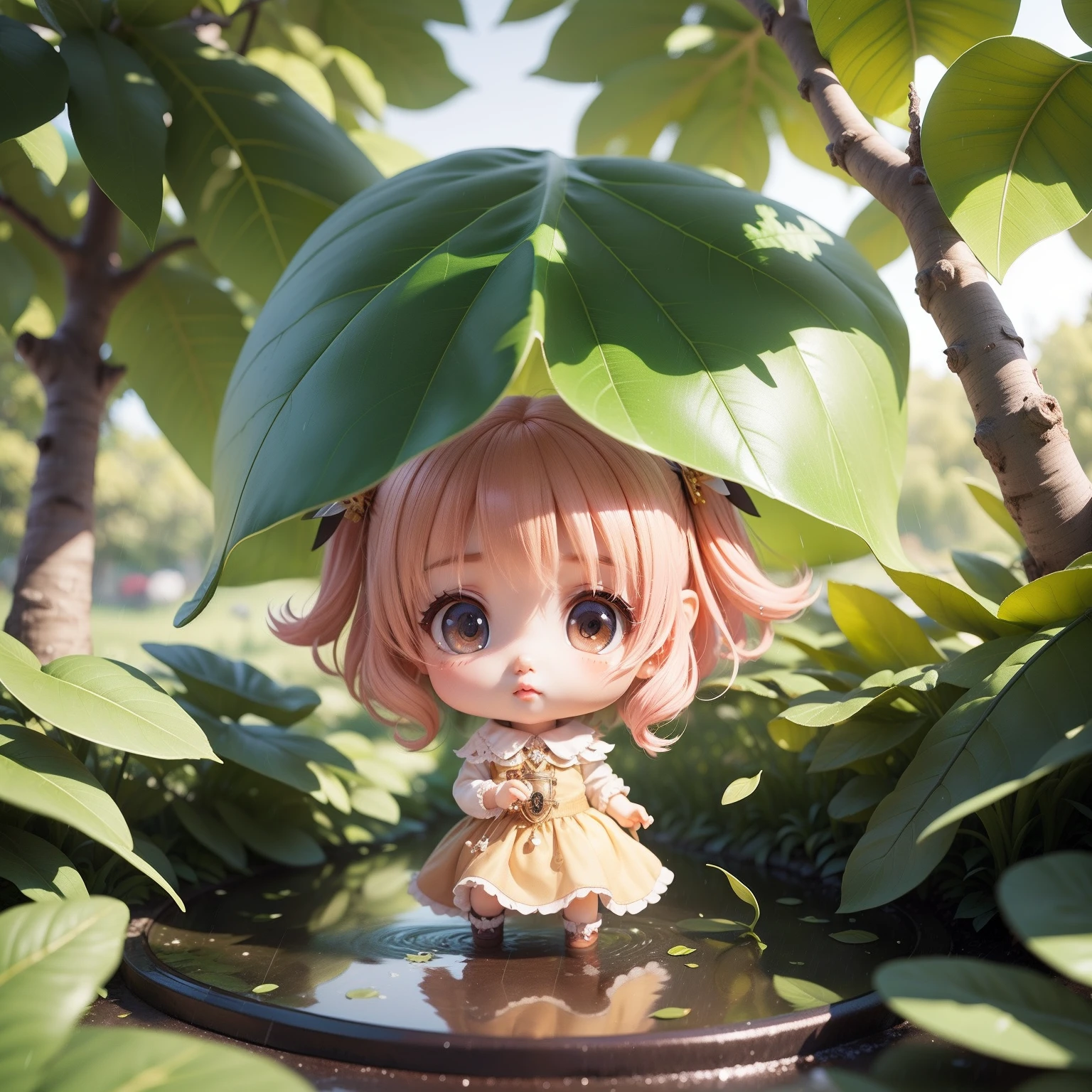 Cute Baby Chibi Anime,(((chibi3d))) (best quality) (masterprice)、Chibi Fairy、The feathers on the back are stained glass、Fairytale Forest、Sheltering from the rain under large leaves、Looking up、rain falling
