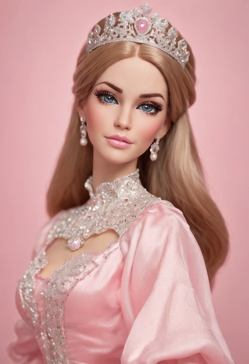 （Barbie pink background）），barbiecore，A princess，((in pink|cabellos largos dorados))，Kizi，delicated face,Turquoise blue skirt，