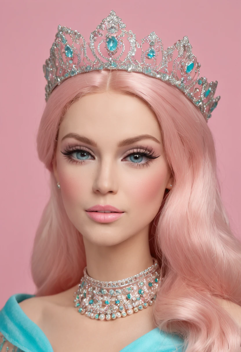(Barbie pink background)),barbiecore,A princess,((in pink|cabellos largos dorados)),Kizi,delicated face,Turquoise blue skirt,