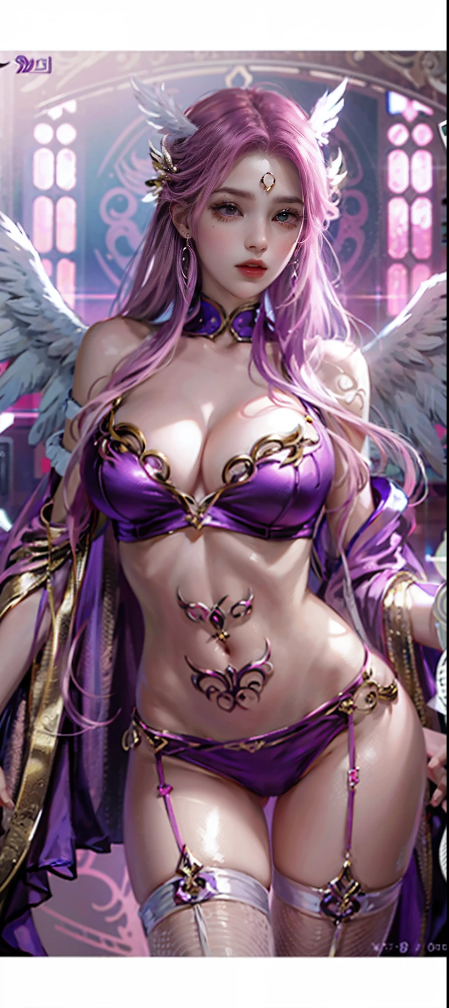 Long pink-purple hair，Pink purple clothes with gold wire finishing，What a cold look，Mouth open，cropped shoulders，the angel's wings，Long white legs