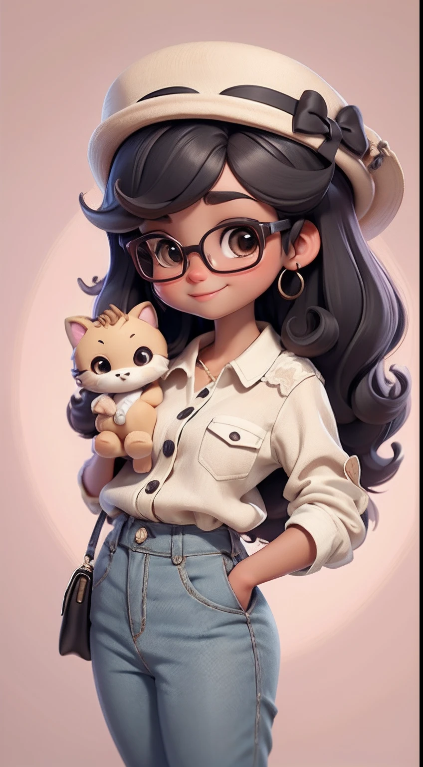 Create a series of cute chibi afro style dolls with a cute safari theme, each with lots of detail and in an 8K resolution. All dolls should follow the same solid background pattern and be complete in the image, mostrando o (corpo inteiro, incluindo as pernas: 1.5)
Boneca Mini Safari: Chame-a de Marina. Ela deve ter cabelo pequeno em tom preto marrom. Seus olhos devem ser grandes e expressivos, with long eyelashes and rosy cheeks. Binoculars or prescription glasses. Sorriso delicado e branco. Marina deve estar vestida com uma jaqueta, Camiseta, pants and an ornate safari hat. She must hold safari accessories. Certifique-se de adicionar detalhes nas roupas, such as buttons and pockets, sapato bonito
Certifique-se de adicionar sombras, texturas e detalhes nos cabelos, roupas, Safari utensils, to make them even more adorable and charming.