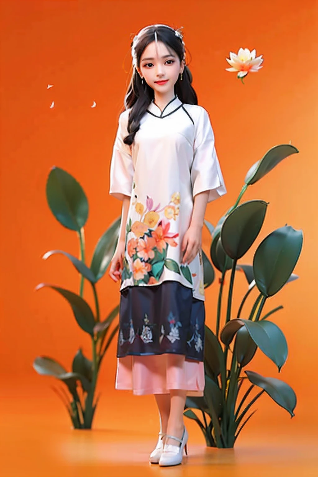a woman in a white shirt and black skirt standing next to a plant, ao dai, in style of lam manh, with acient chinese clothes, inspired by Cui Bai, cheongsam, inspired by Pu Hua, traditional, traditional chinese clothing, white hanfu, chinese dress, stylized digital illustration, inspired by Gu An, hanfu
