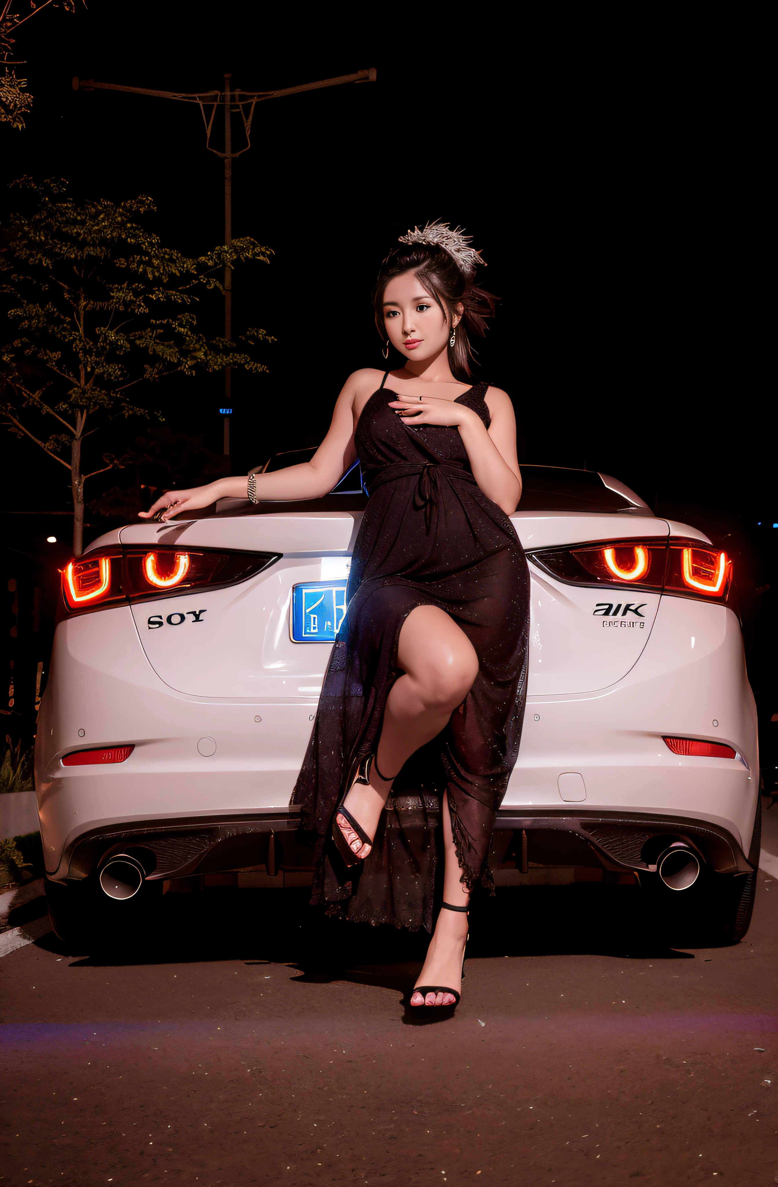 Asian girl posing in front of a white sports car at night,auto photography,Sony A7R5 shooting Reality shooting