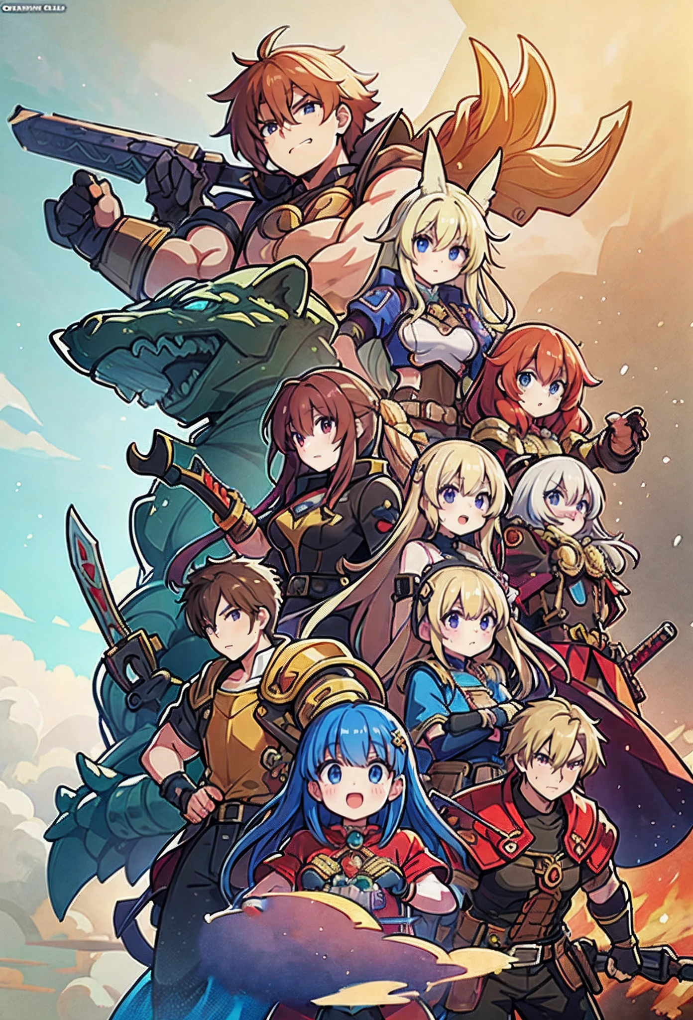 a group of anime characters standing on top of each other, coriolios rpg art style, konosuba, konosuba anime style, rpg maker, popular isekai anime, isekai, granblue fantasy, epic light novel art cover, final fantasy tactics character, fire emblem, final fantasy tactics, crisp clear rpg portrait, cushart, battle chasers
