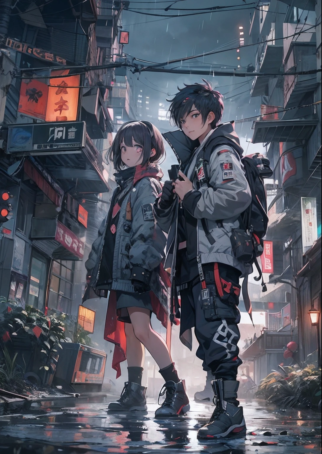 1boy,a 13 yo boy、Cyberpunk Boy、katanas,Spiky hairstyle、Whole body bloody、Wet cloth,Back lighting,The beginning of the adventure、Heavy rain,Lots of clouds,heavy fog、Chaotic city of the future、ruined and devastated city、dystopian、A very complex group of buildings stands in the center、Highly complex Chinese buildings、Pretty dim lighting、Dark road、puddles、Chaotic landscape、Beautiful and fantastic scenery、Cinematic scenery、hightquality、masutepiece,8K、hight resolution、ultra-detailliert,