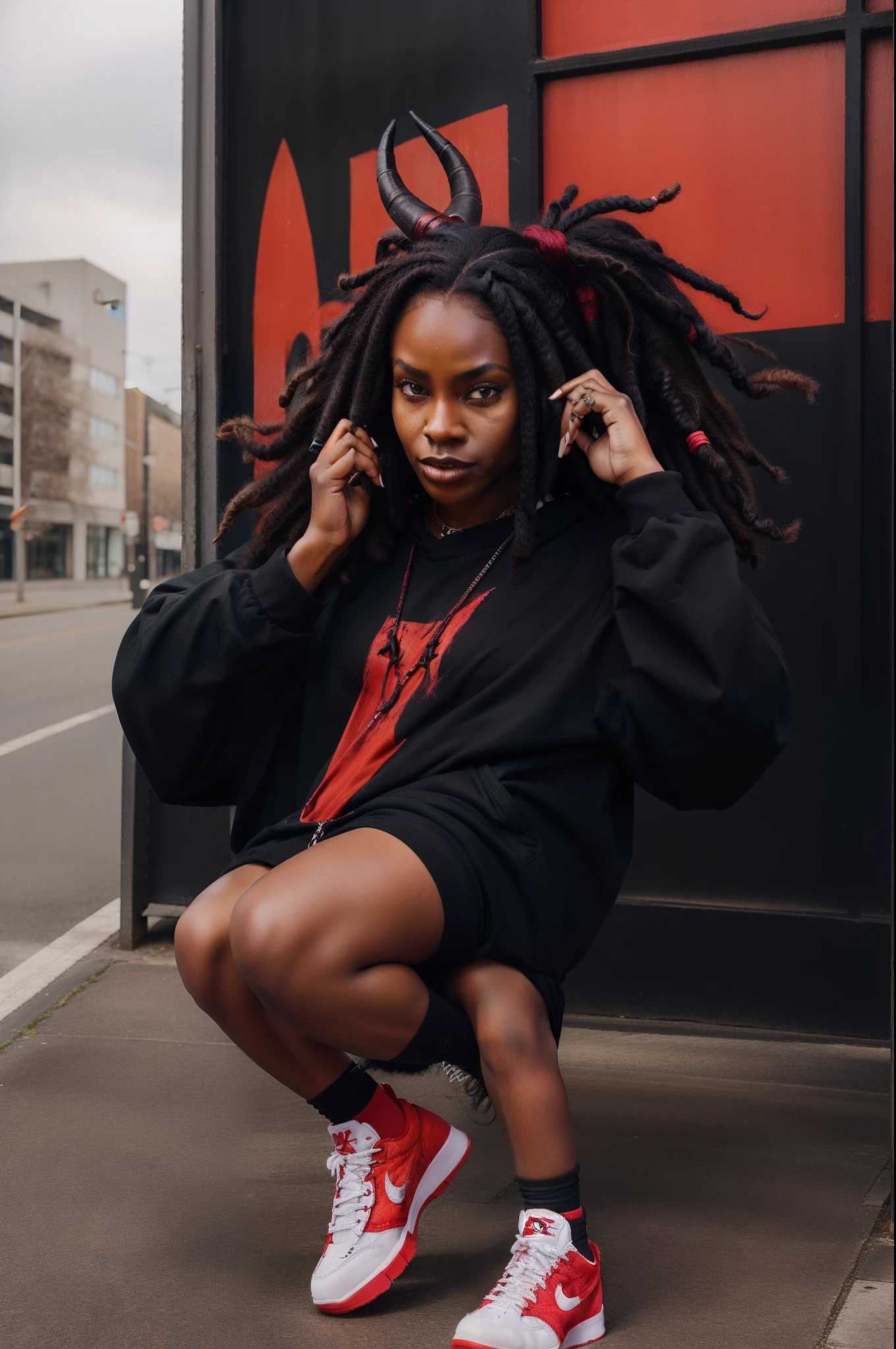Flying black female devil demoness with red evil auroa atmopshere huge horns wearing baggy saggy urban clothing nike sneakers and dreadlock hair flex power
