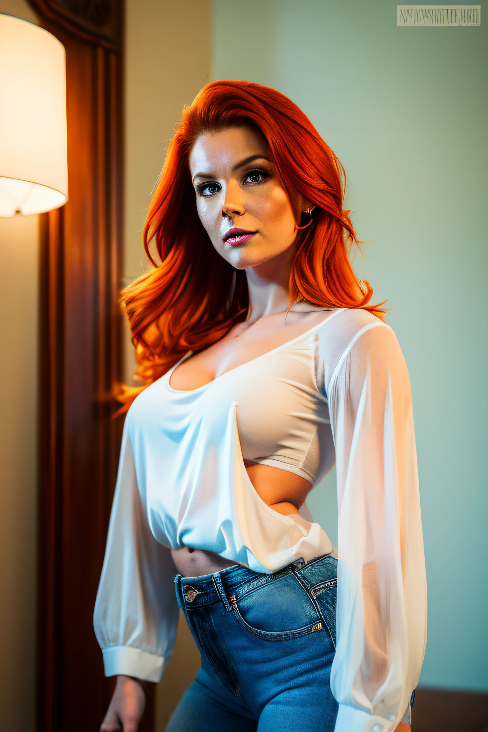 beautiful 25 year old australian woman, ginger hair, she wears a casual white shirt and pulls it down, huge beautiful breasts, huge tits, huge boobs, she wears super tight jeans, her arms are covered in tattoos full off colours, she stands seductively and looks at camera, she is fit, strong and has slim waist