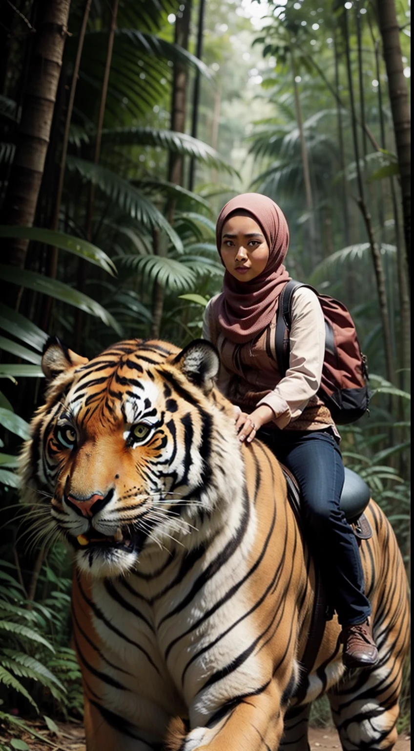 1 malay girl in hijab riding an extra large tiger in the jungle, very big tiger, front view, detail face,