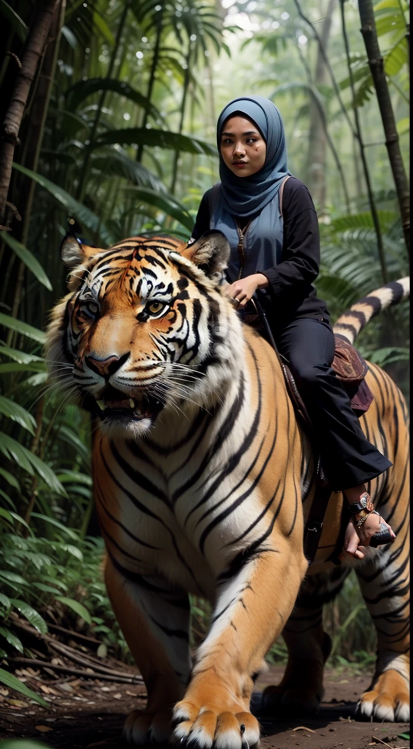 1 malay girl in hijab riding an extra large tiger in the jungle, very big tiger, front view, detail face,