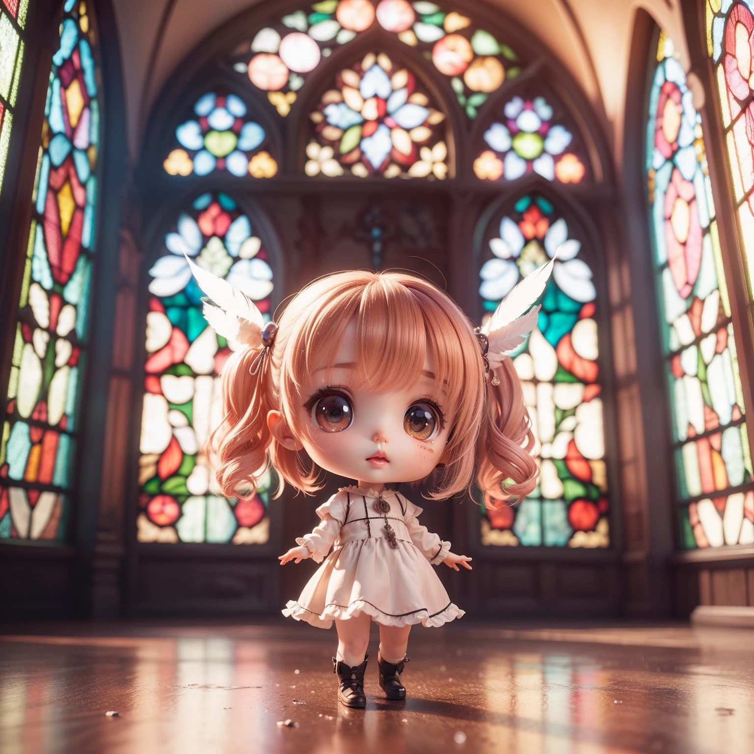 Cute Baby Chibi Anime,(((chibi 3d))) (Best Quality) (Master Price)、Chibi Fairy、(The feathers on the back are stained glass:1.3)、fairy tale forest、Protect yourself from rain under large leaves、Looking Up、rain falling