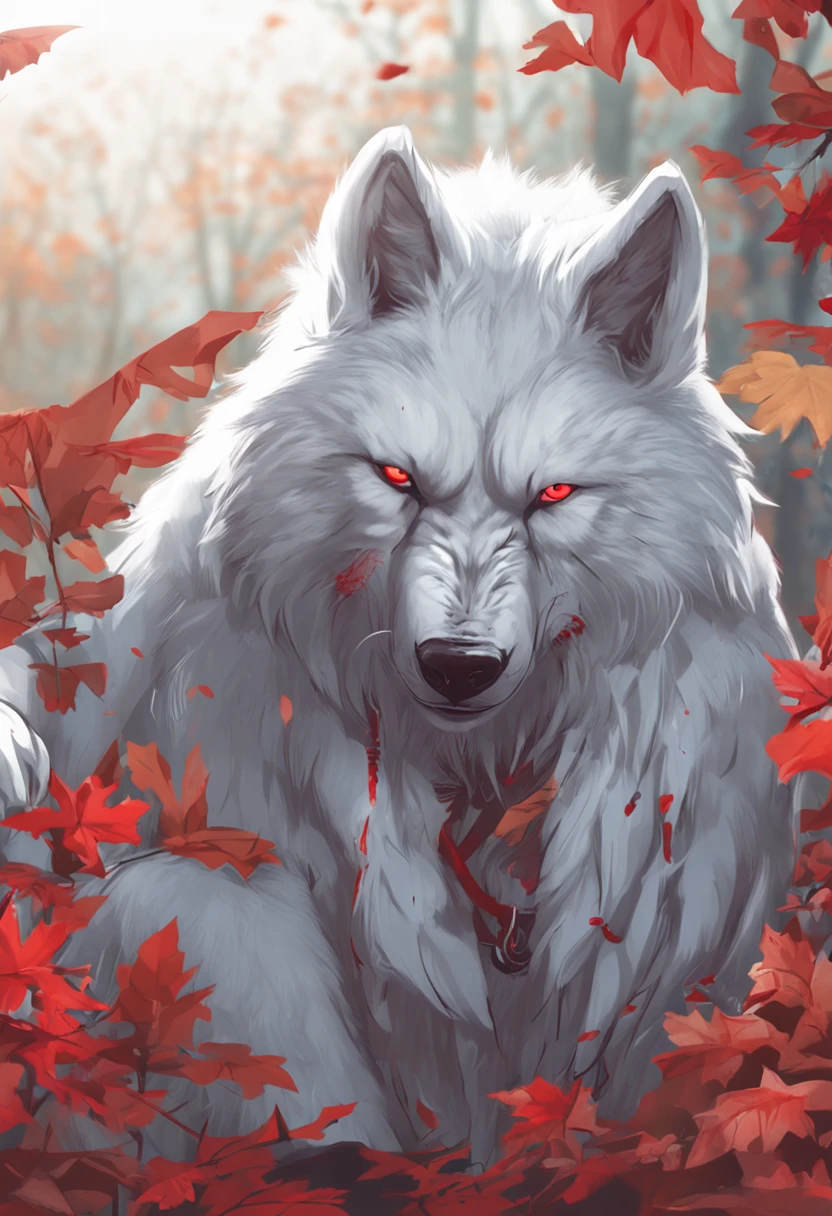 solo person，Furry，werecreature，Male white wolf，Blue fur，Blue tail，White ears，Blood-red eyes，Red collar，musculature，male people，Handsome，（The furry feeling of animal ears），with gun，commando，rifles，cyber punk perssonage，Tech goggles，Maple leaves fall，autumnal
