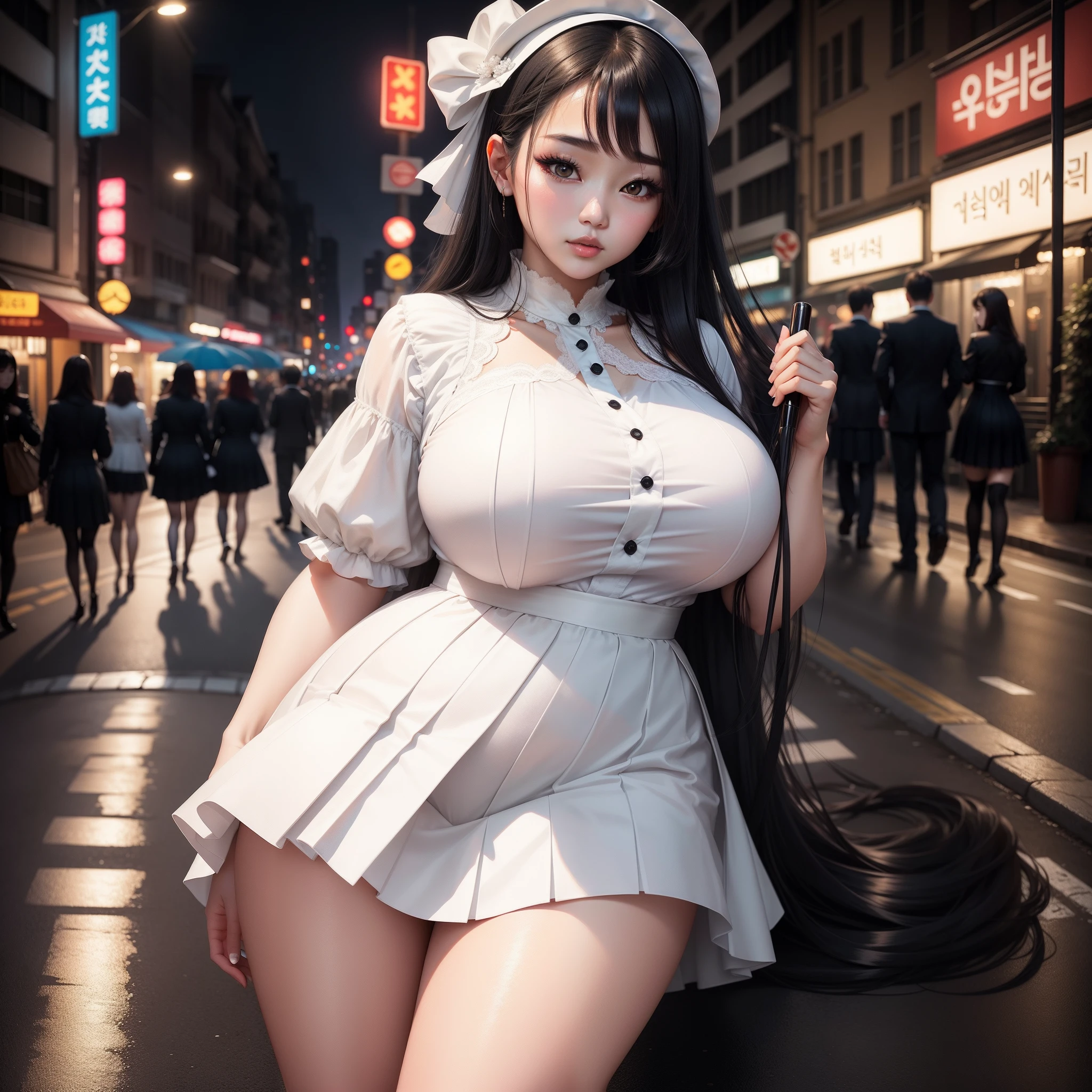 Women, plump, Korean makeup, delicate face, white gauze dress, pleated skirt, black stockings, big breasts, night, under the street lights