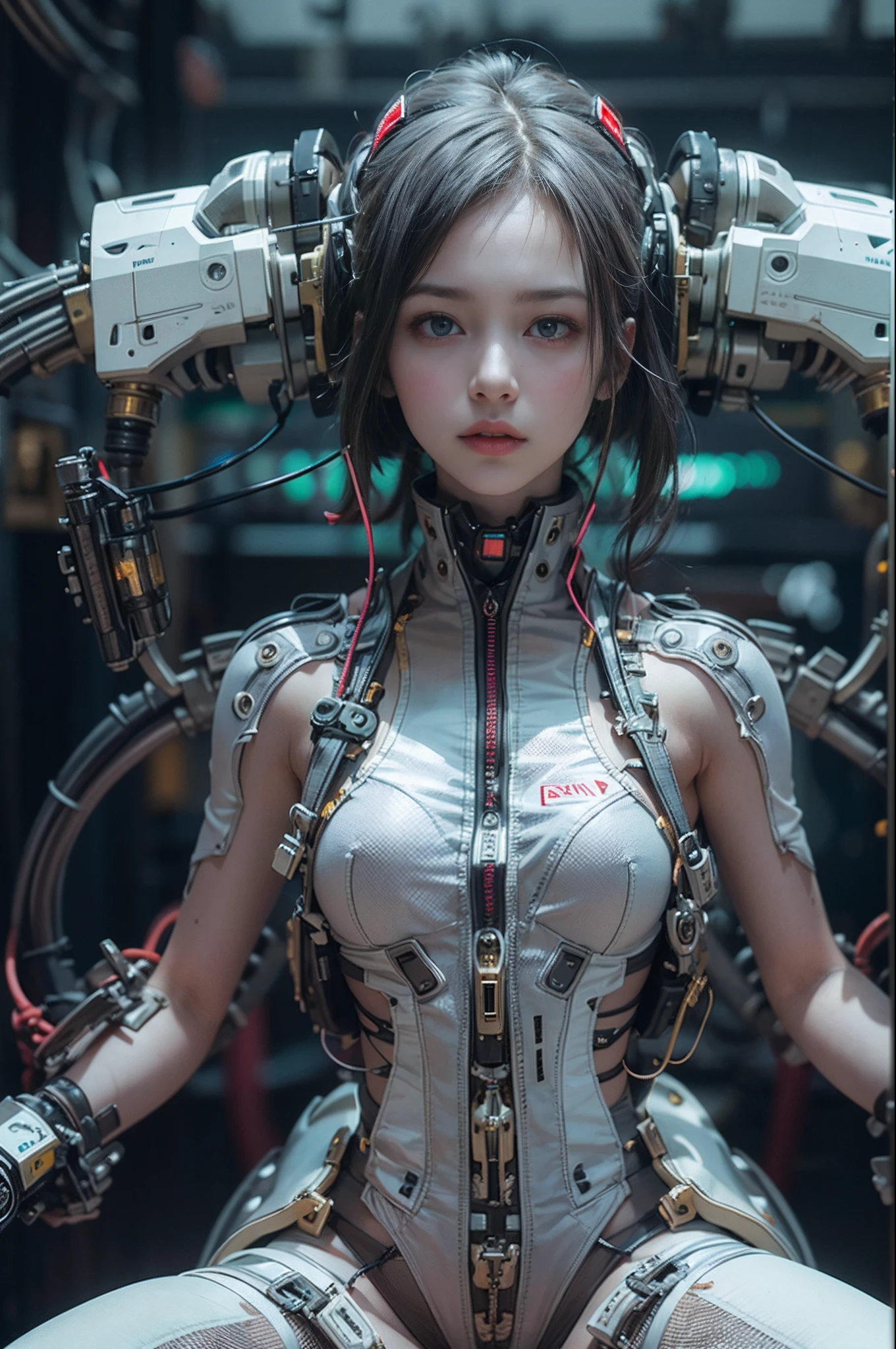 of the highest quality, masutepiece, Ultra High Resolution, ((Photorealistic: 1.4), Raw photo, 1 Cyberpunk Girl, Glossy skin, 1 Mechanical Girl, (super realistic details)), Mechanical limbs, Tubes connected to mechanical parts, Mechanical vertebrae attached to the spine, Mechanical cervical attachment to the neck, Wires and cables connecting to the head, Evangelion, Ghost in the Shell, Small glowing LED lamp, global lighting, Deep Shadows, Octane Rendering, 8K, ultrasharp, Metal, Intricate decoration details, Baroque style details, high intricate detailed, Realistic light, Trends in CG, Facing the camera, neon details, (android factory on background), Art by H.r. Giger and Alphonse Mucha. 、Highly photorealistic human beings、Perfectly round pupils、More on the amazing pupil iris、White teenage girl、Slightly baby-faced、a small face、Very human skin feel、ﾘｱﾙAreola、ﾘｱﾙ、fissure、A 14-year-old girl、full body Esbian、7headed body、with round face、(Not a crushing eye)、Rocket-shaped big、