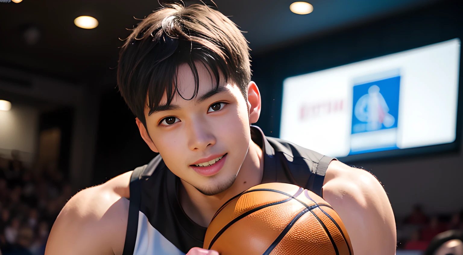 ((Men only)), (head shot), (Handsome muscle man in his 20s), (male basketball player), (basket ball), (in basketball court), (smile), (detaile: 1 in 1), Natural muscles, HIG quality, beautidful eyes, (Detailed face and eyes), (Face、: 1 / 2), Noise, Real Photographics、... ..................................................................................................................PSD, Sharp Focus, High resolution 8K, realisitic & Professional Photography, 8K UHD, Soft lighting, High quality, Film grain, FujifilmXT3