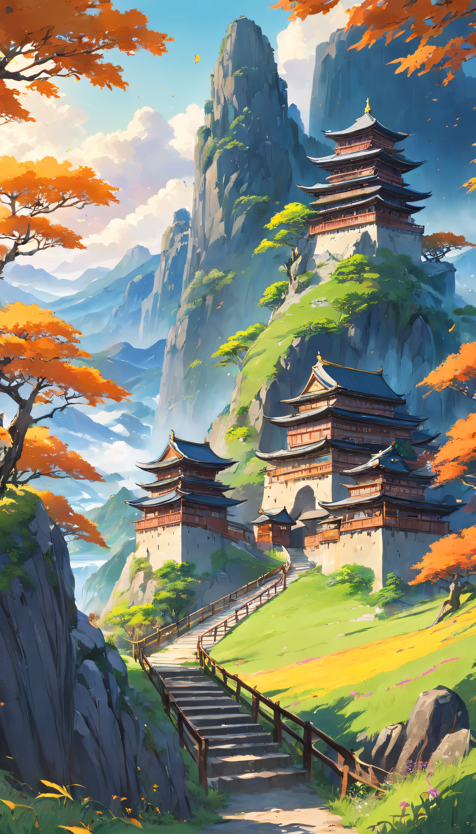 landscape, green hills and one castle, there are road in center, bush on side with yellow color, flower on side, bird, peace, morning vibes, japan vibes (extremely detailed CG unity 8k wallpaper), most beautiful artwork in the world, intricate, High Detail, Sharp focus, dramatic, photorealistic painting art, dreamland