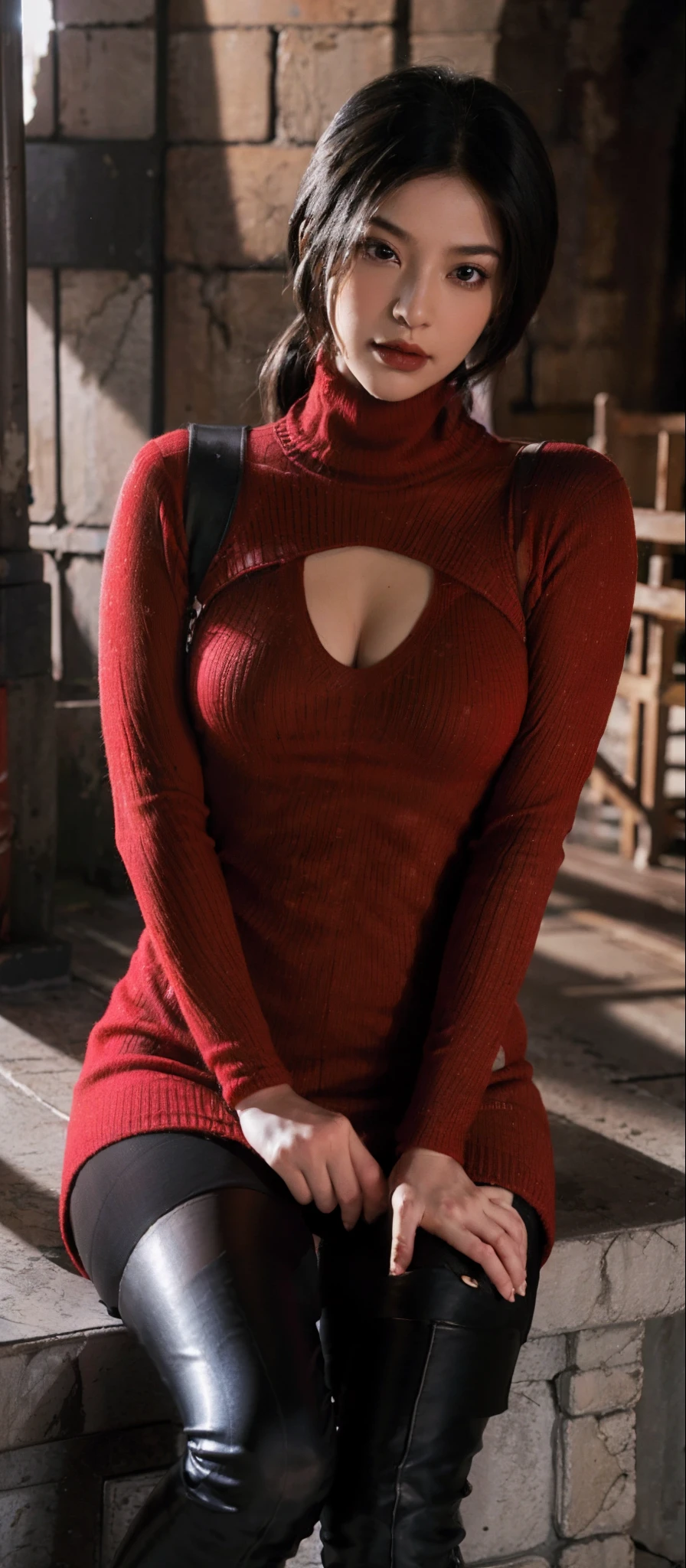 "1girl, RE4, red sweater dress, high-top sneakers, Ribbed sweater, thigh-high boots, Black pantyhose, bloom, harness, best quality, masterpiece, ultra high res, (photorealistic:1.4), 1girl, dark backdrop, cleavage, close up"