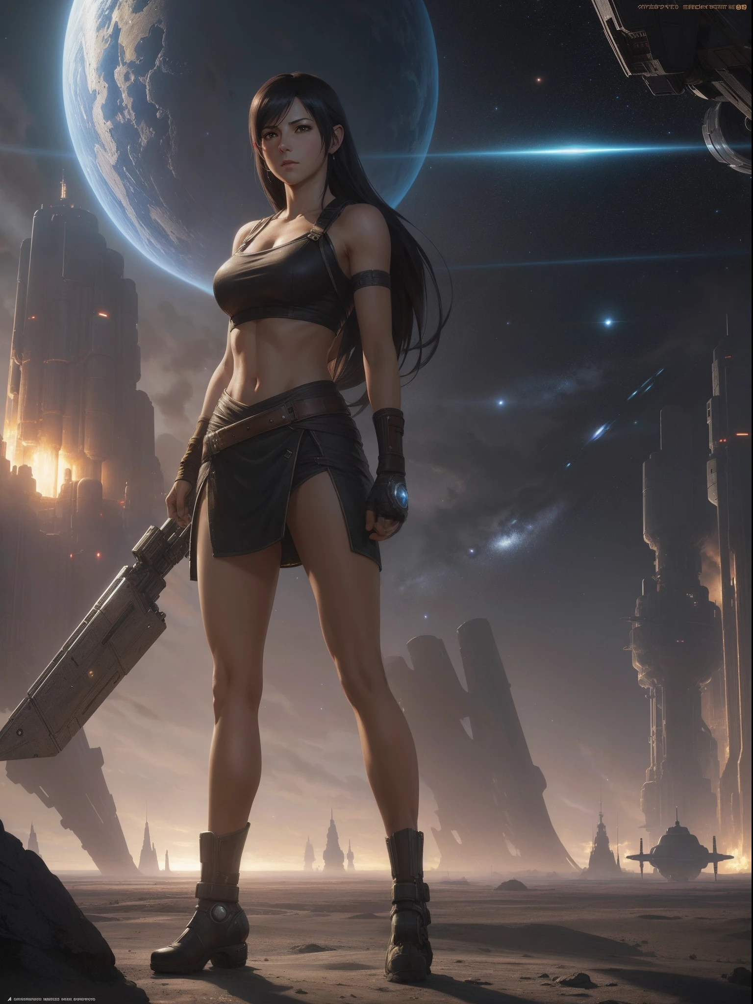 tifa ff7, oil on matte canvas, sharp details, the expanse scifi spacescape ceres colony, intricate, highly detailed, digital painting, rich color, smooth, sharp focus, illustration, Unreal Engine 5, 8K, art by artgerm and greg rutkowski and alphonse mucha, Unreal engine 5 effects.