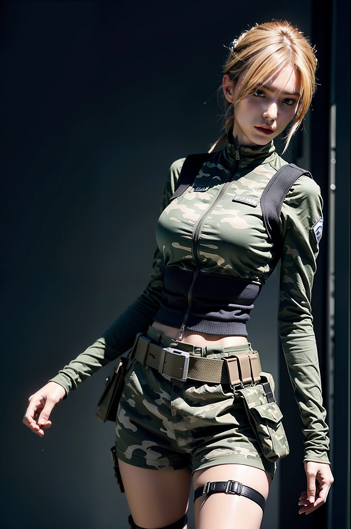 Pretty Women,Mature woman,indifferent expression,Modern soldiers,camouflage uniform,Camouflage ultra-short vest,Camouflage chest wrap,Tactical vests,Body armor,Tactical helmets,Bulletproof helmet,Night vision devices,Crop topping,Skinny super shorts,gunstock,Bullet belt,holding a pistol in hand,Slender figure,Slender thighs,Bare legged,Thin and tall,The chest is huge,Stand up,full bodyesbian,rays of sunshine,direct sun light,battlefiled,Bullets rained down,abstracted,Strong sense of detail and layering,Rich and gorgeous colors,It has a unique texture,rich colours,Color harmony,Vivid painting,The art of design,8k,ultra - detailed