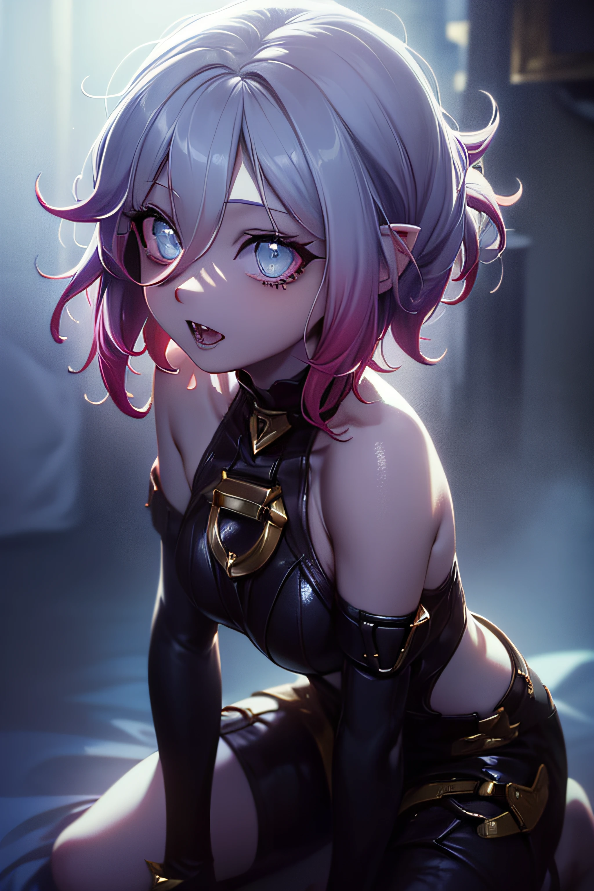 (master part, best quality, ultra-detalhado), 1girl, BriarLoL, pele branca, cabelos brancos, short hair, orelhas pontudas, dentes afiados, Esposas, Olhando para o Viewer, acorrentado, sentado