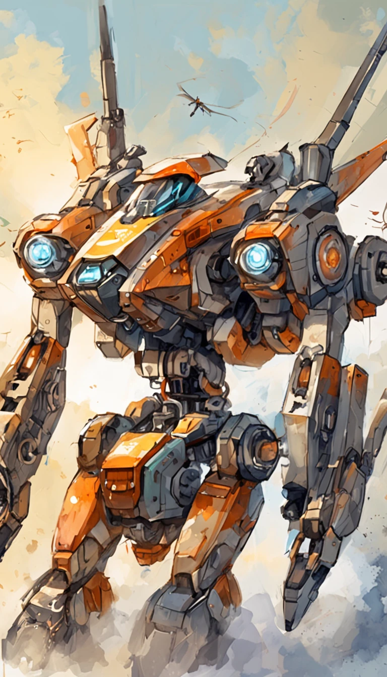 A ager controls a quadcopter drone,in mecha style,illustration,Thrilling battles,Flight stability,Unique perspective,Dynamic graphics,Full of technology,Amazing。