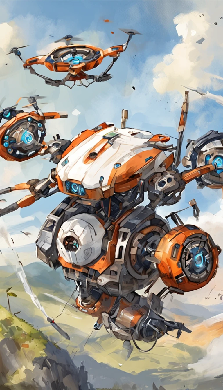A ager controls a quadcopter drone，in mecha style，illustration，Thrilling battles，Flight stability，Unique perspective，Dynamic graphics，Full of technology，Amazing。