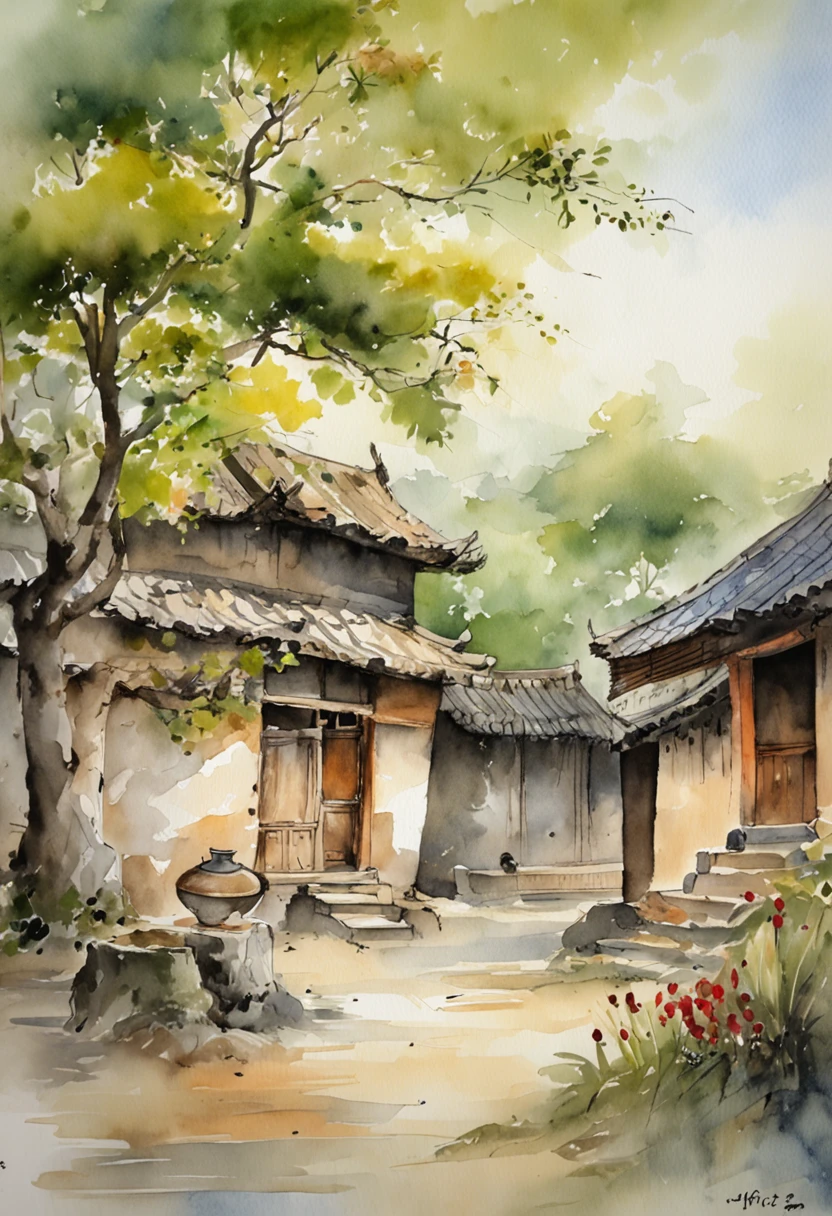 Wide courtyard in a thatched hut in the Tang Dynasty Five men gathered to eat,Drink bleak colors during the day sun