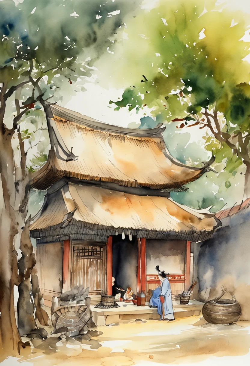 Wide courtyard in a thatched hut in the Tang Dynasty Five men gathered to eat,Drink bleak colors during the day sun