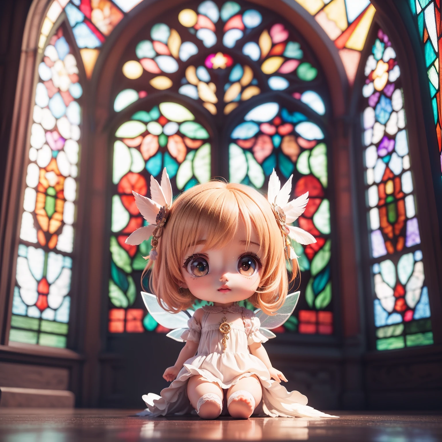 Cute Chibi Anime,(((Chibi 3D))) (Best Quality) (Master Price)、Chibi Fairy、(The feathers on the back are stained glass:1.3)、fairy tale forest、Protect yourself from rain under large leaves、Looking Up、rain falling