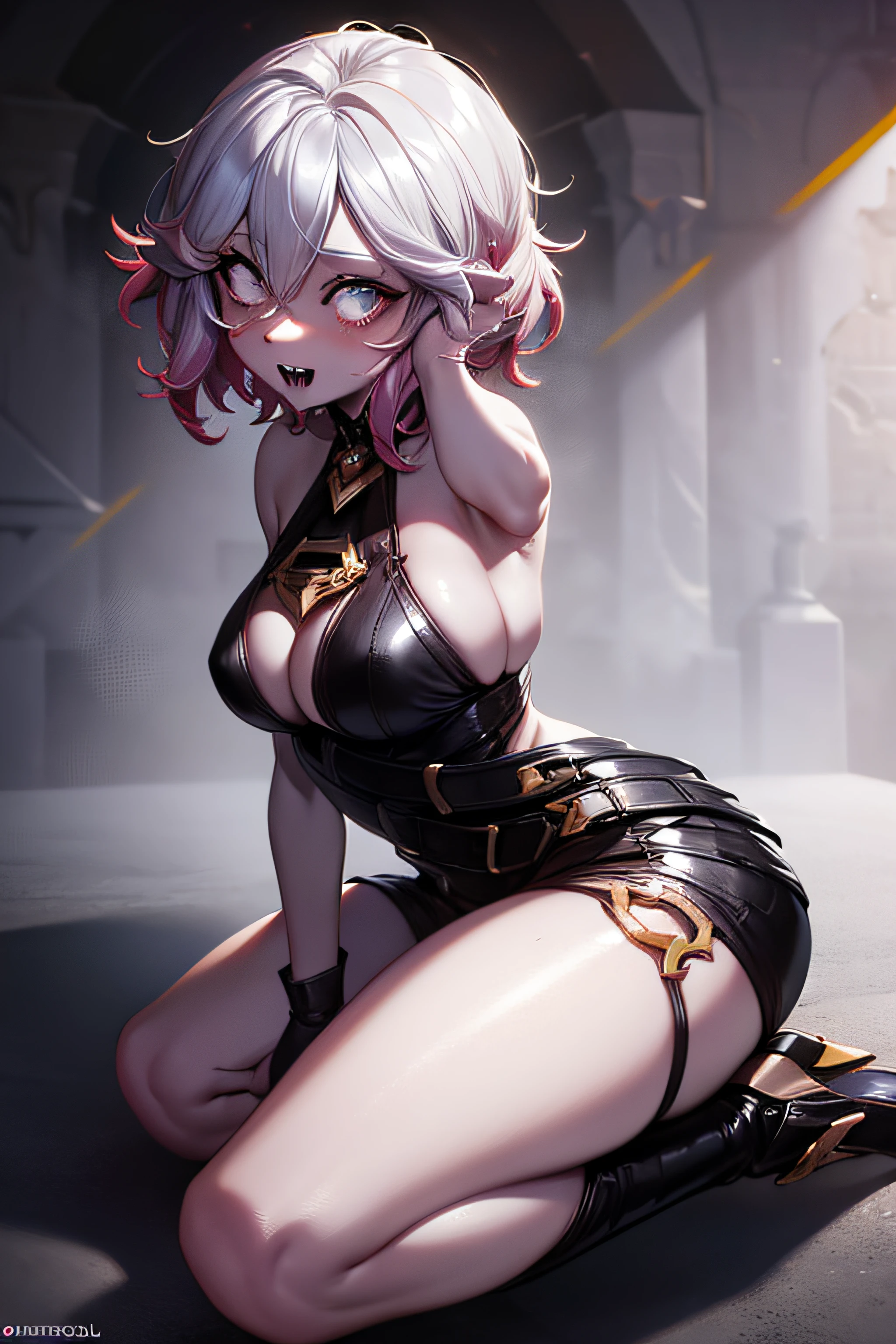 (master part, best quality, ultra-detalhado), 1girl, BriarLoL, pele branca, cabelos brancos, short hair, orelhas pontudas, dentes afiados, Esposas, Olhando para o Viewer, acorrentado, sentado