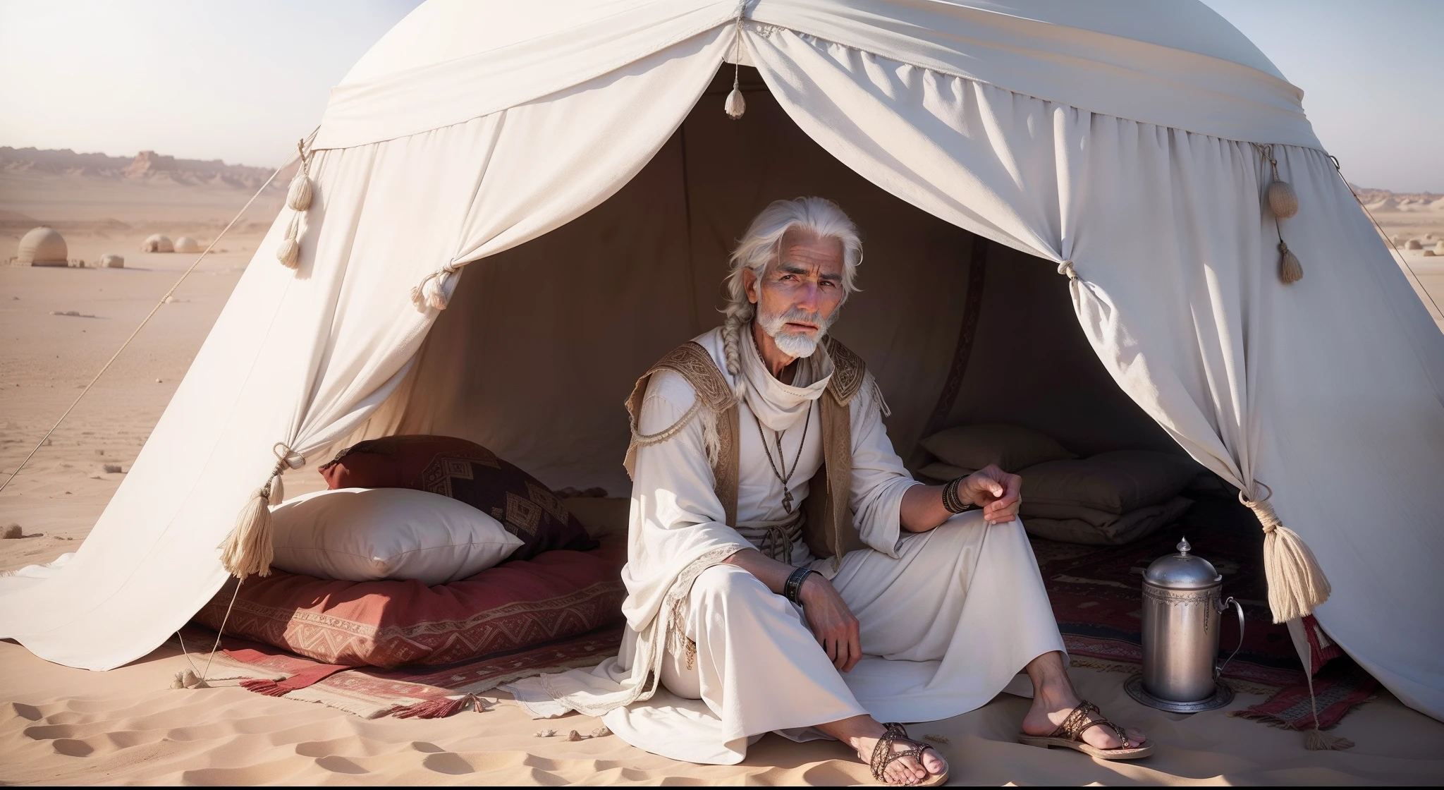 White-haired man wearing clothes from biblical times sitting on a rock near a Bedouin tent in the desert,