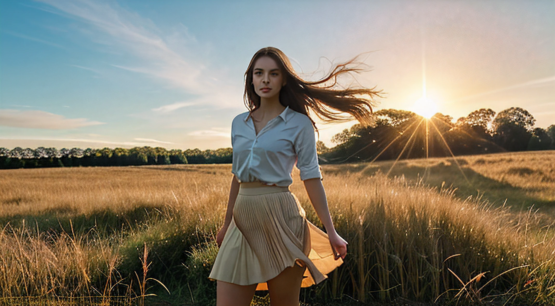 realistic, full body, in a skirt, A sexy young woman stands amidst a field of tall grass, her face illuminated by the soft, golden rays of the setting sun. Her eyes reflect the hues of the horizon, natural light, and her hair seems to glow with an ethereal light.